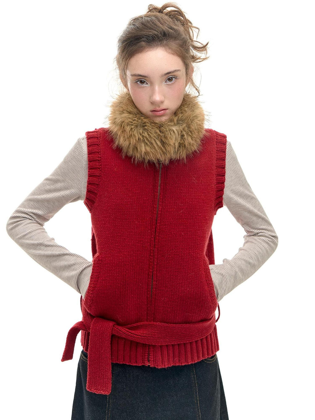 Romance Nanci Red Detachable Fur Collar Stand Collar Vest Women's Acrylic Wool Blend Tank Tops
