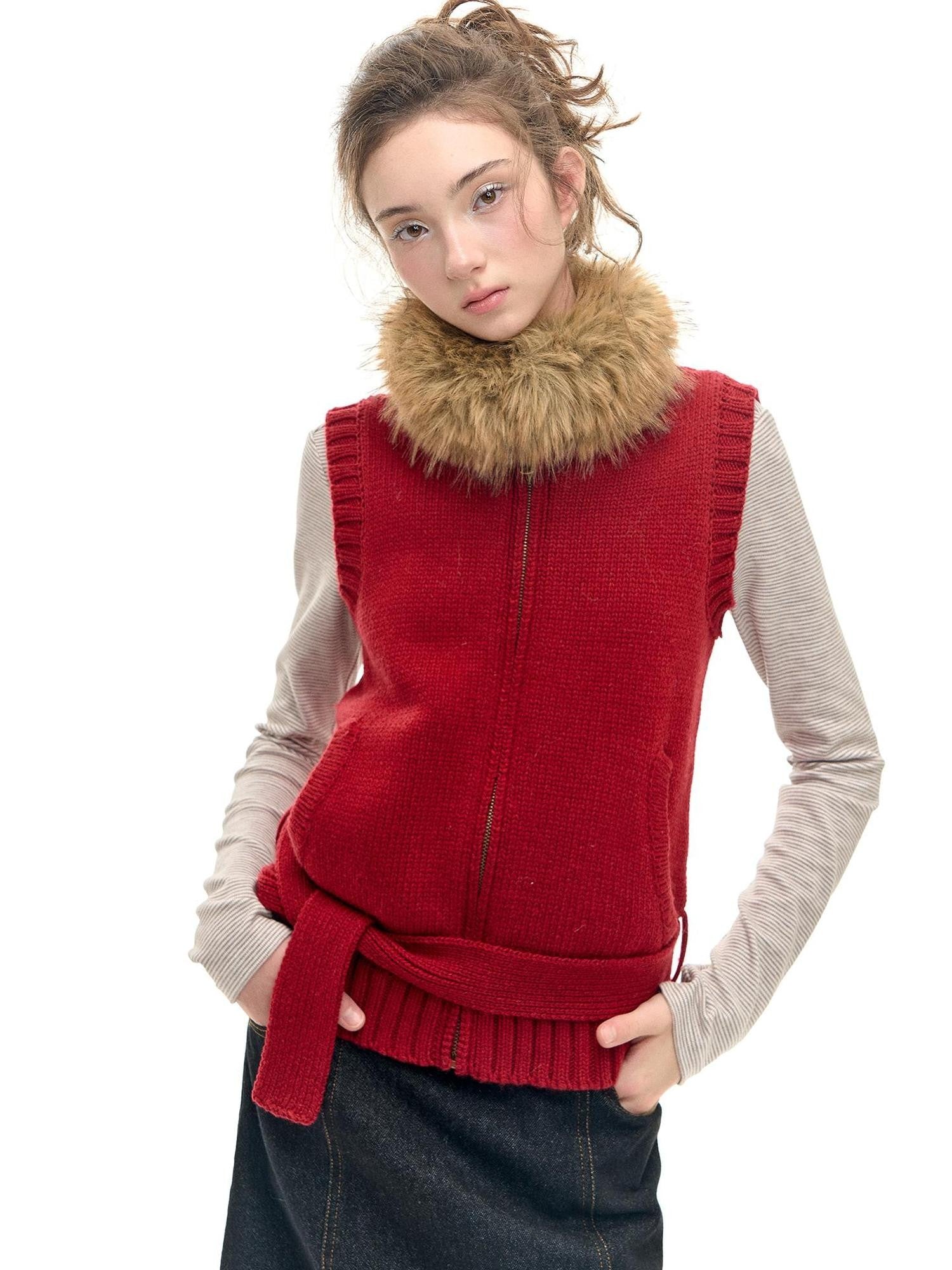 Romance Nanci Red Detachable Fur Collar Stand Collar Vest Women's Acrylic Wool Blend Tank Tops