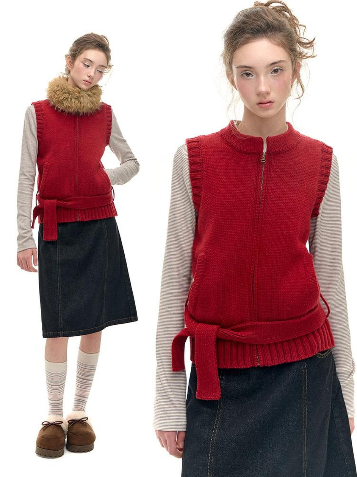 Romance Nanci Red Detachable Fur Collar Stand Collar Vest Women's Acrylic Wool Blend Tank Tops