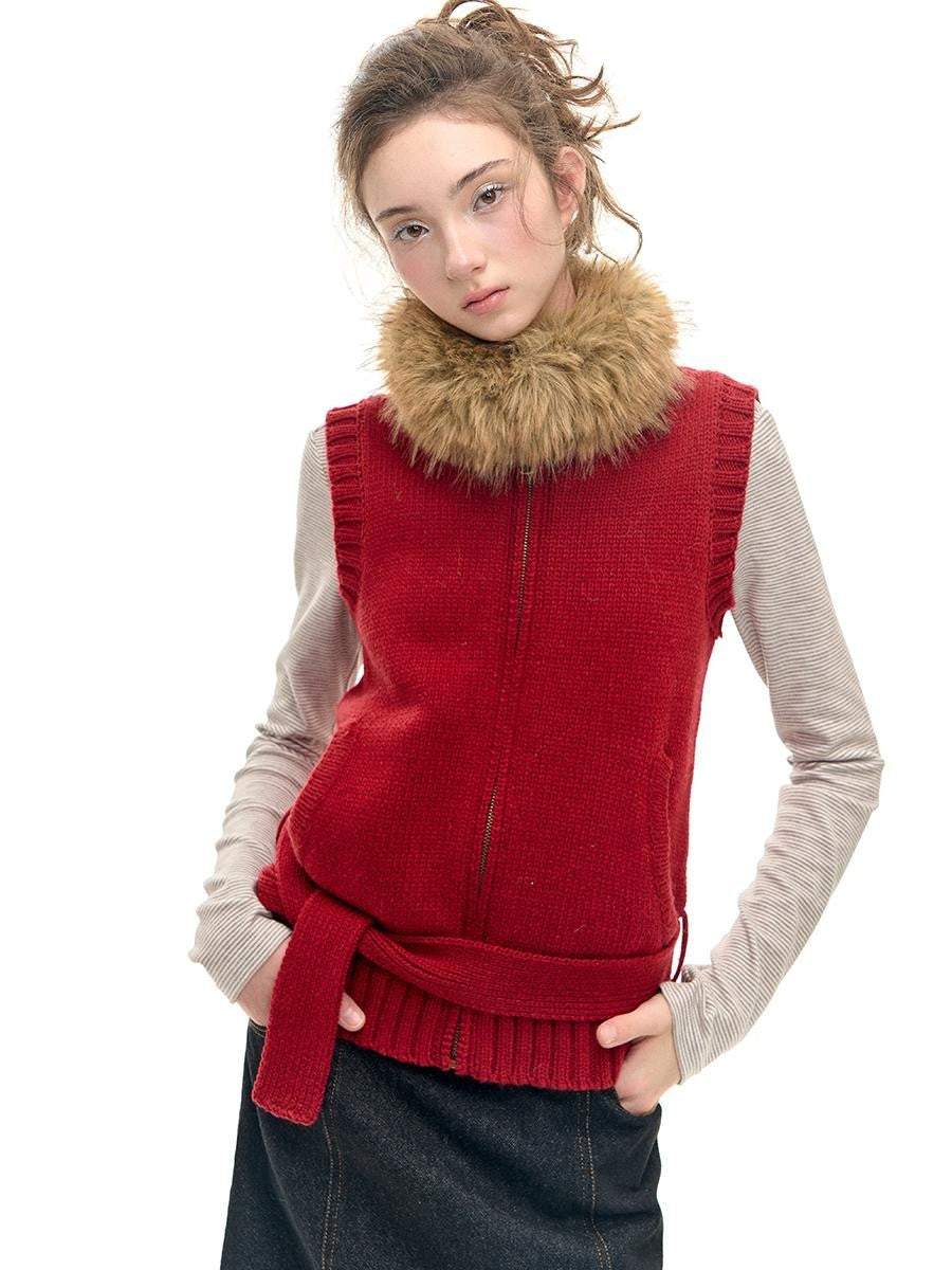Romance Nanci Red Detachable Fur Collar Stand Collar Vest Women's Acrylic Wool Blend Tank Tops