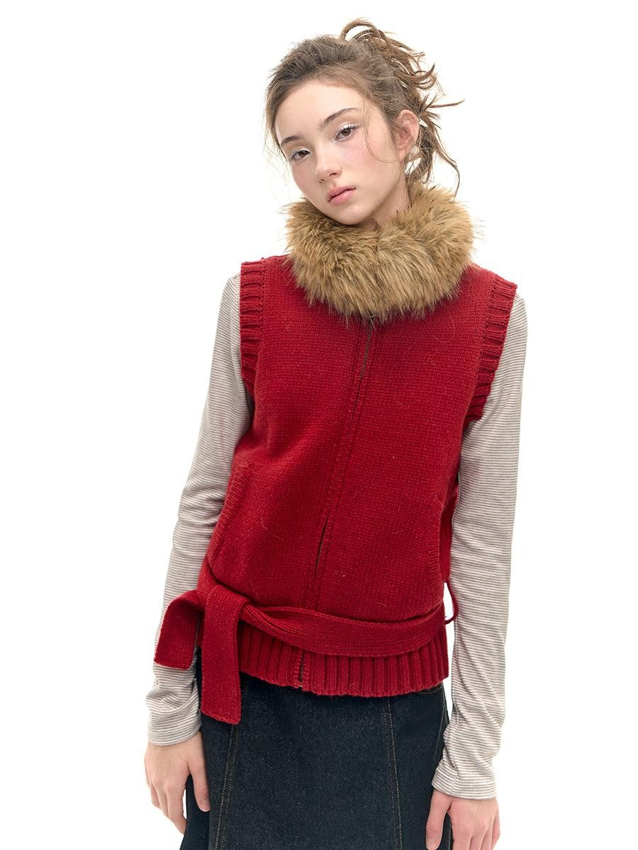 Romance Nanci Red Detachable Fur Collar Stand Collar Vest Women's Acrylic Wool Blend Tank Tops