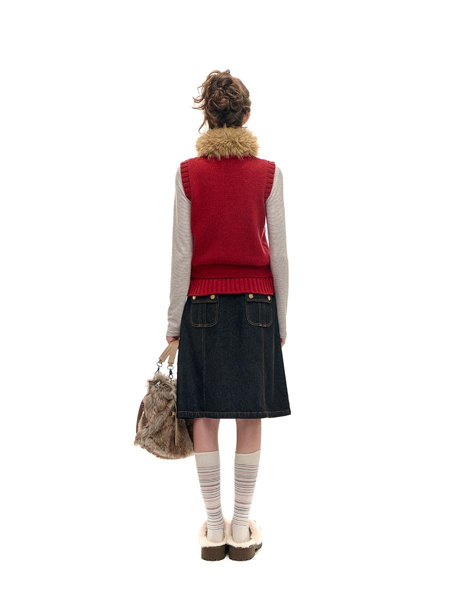 Romance Nanci Red Detachable Fur Collar Stand Collar Vest Women's Acrylic Wool Blend Tank Tops