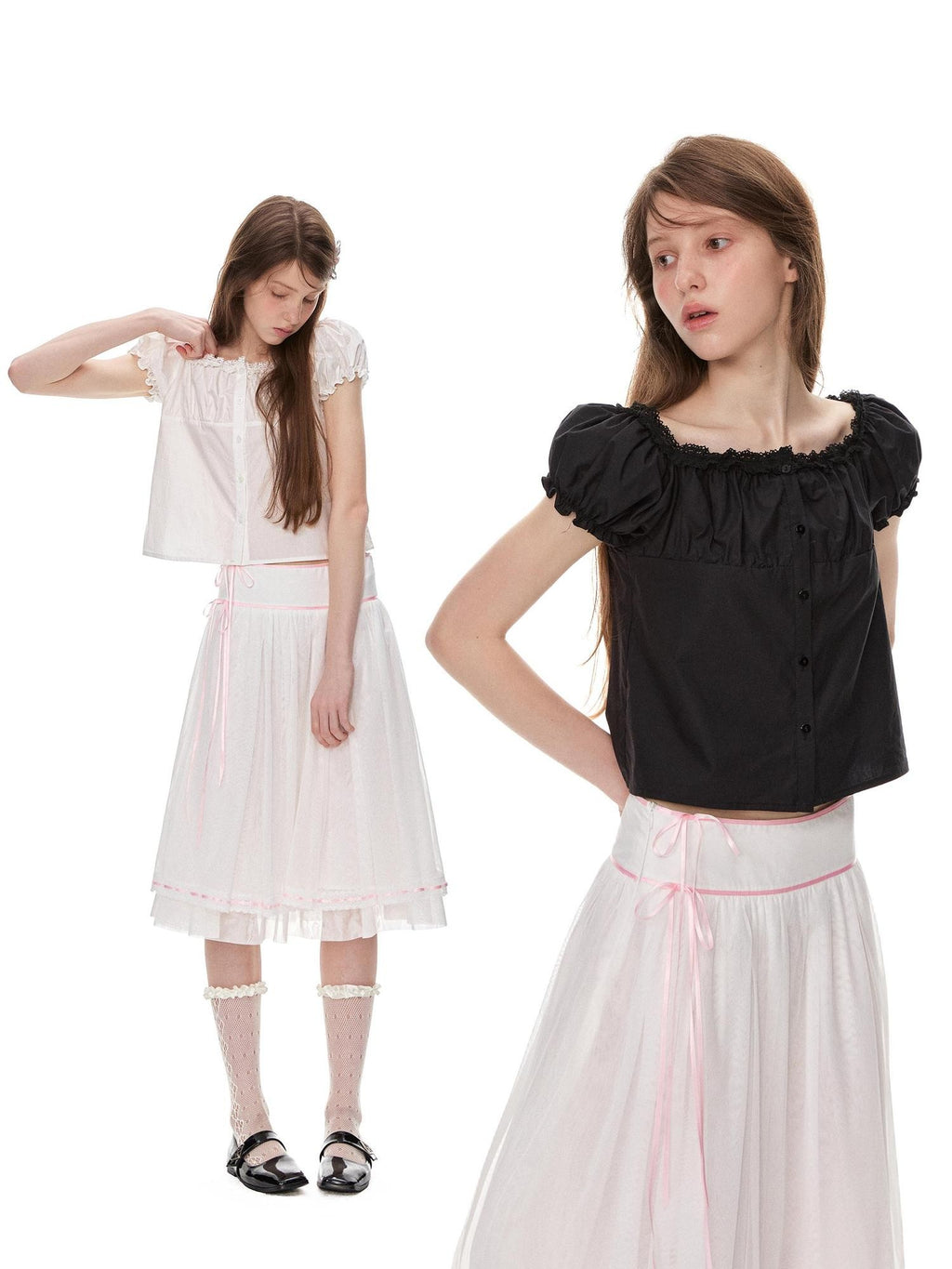 Romance Nanci Reversible Black White Two Tone Cropped Pleated Women's Short Sleeve T-shirts