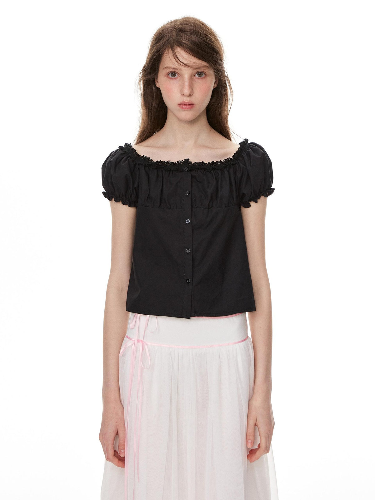 Romance Nanci Reversible Black White Two Tone Cropped Pleated Women's Short Sleeve T-shirts