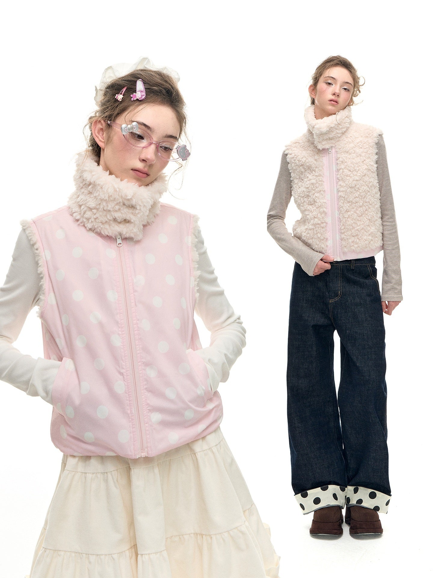 Romance_Nanci_Reversible_Polka_Dot_Stand_Collar_Zipper_Women's_Polyester_Sherpa_Vests_994458143299_MISSTT