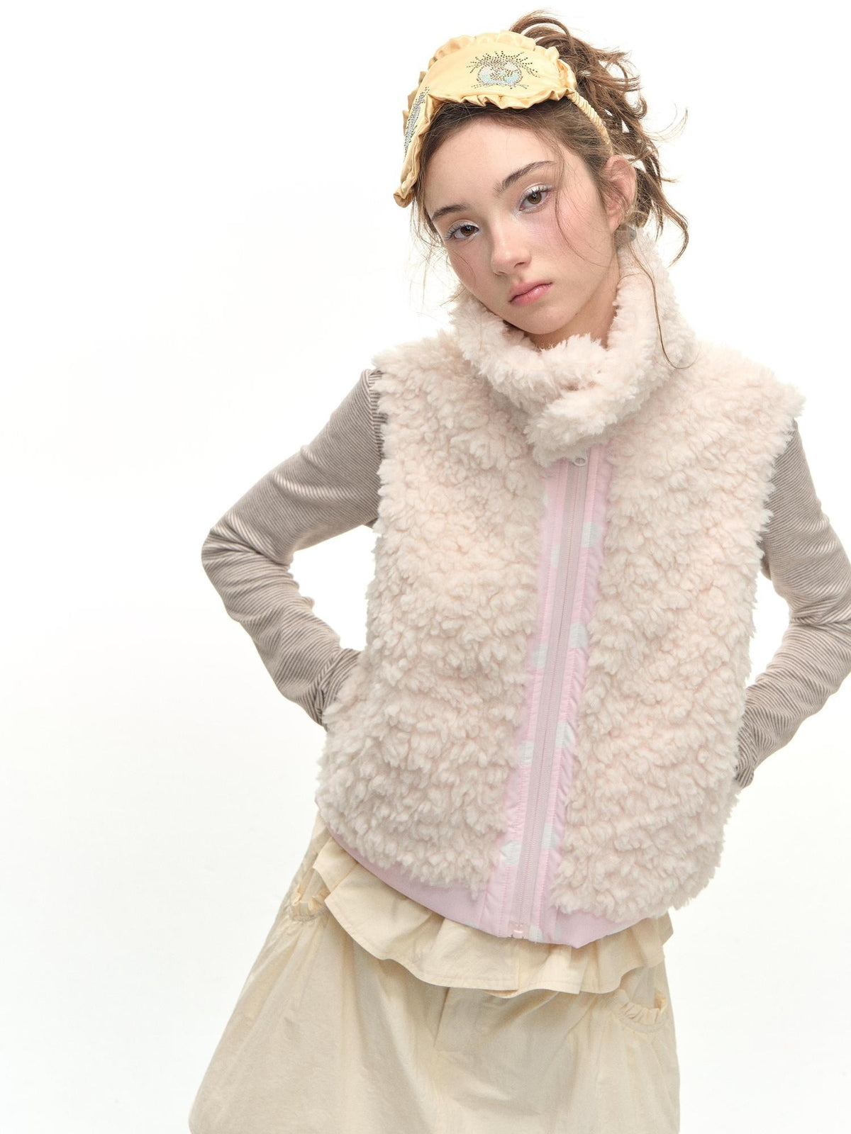 Romance Nanci Reversible Polka Dot Stand Collar Zipper Women's Polyester Sherpa Vests