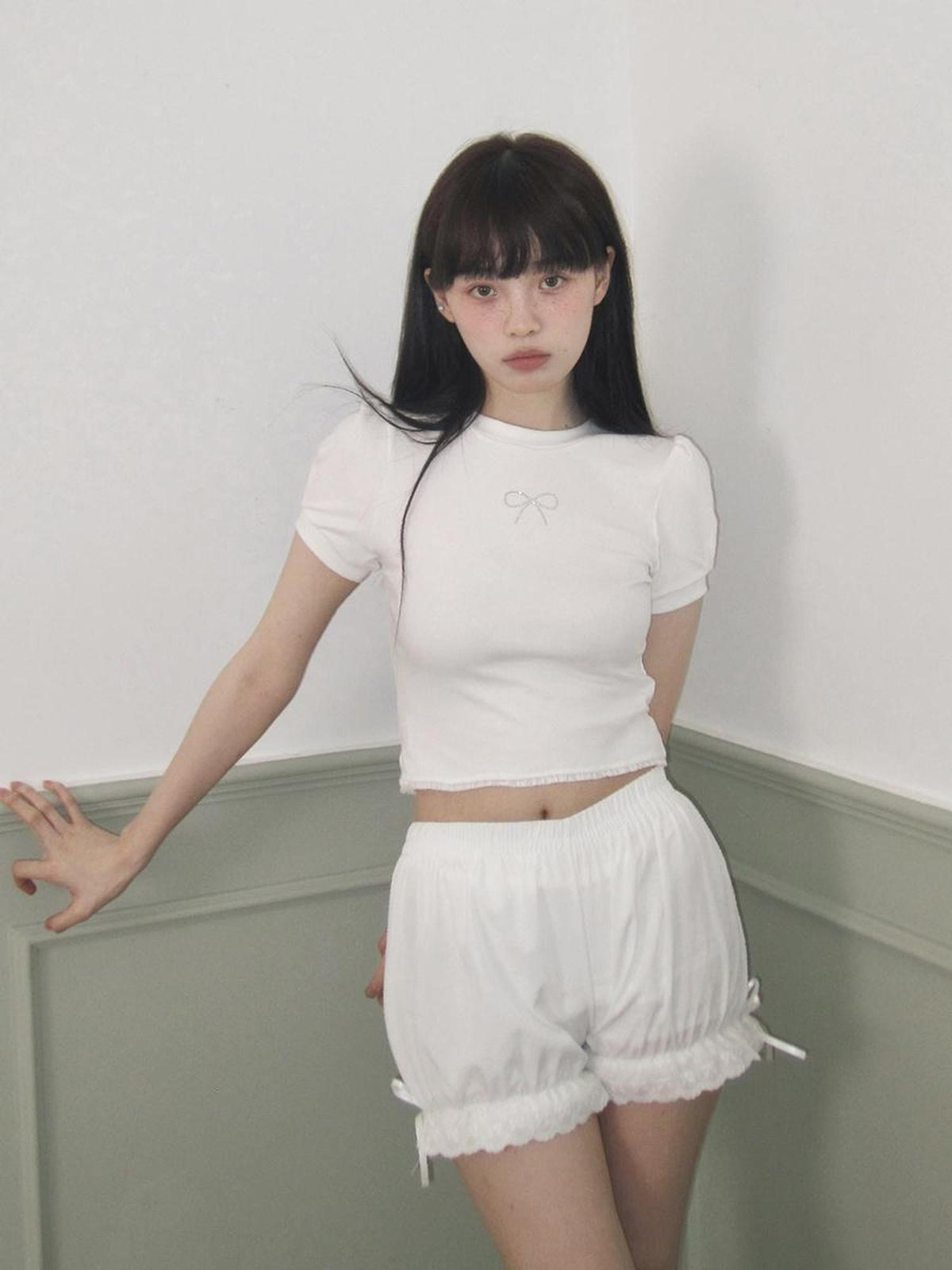 Romance Nanci Rhinestone Sequin Bow Cinched Waist Women's Cotton Short Sleeve T-shirts