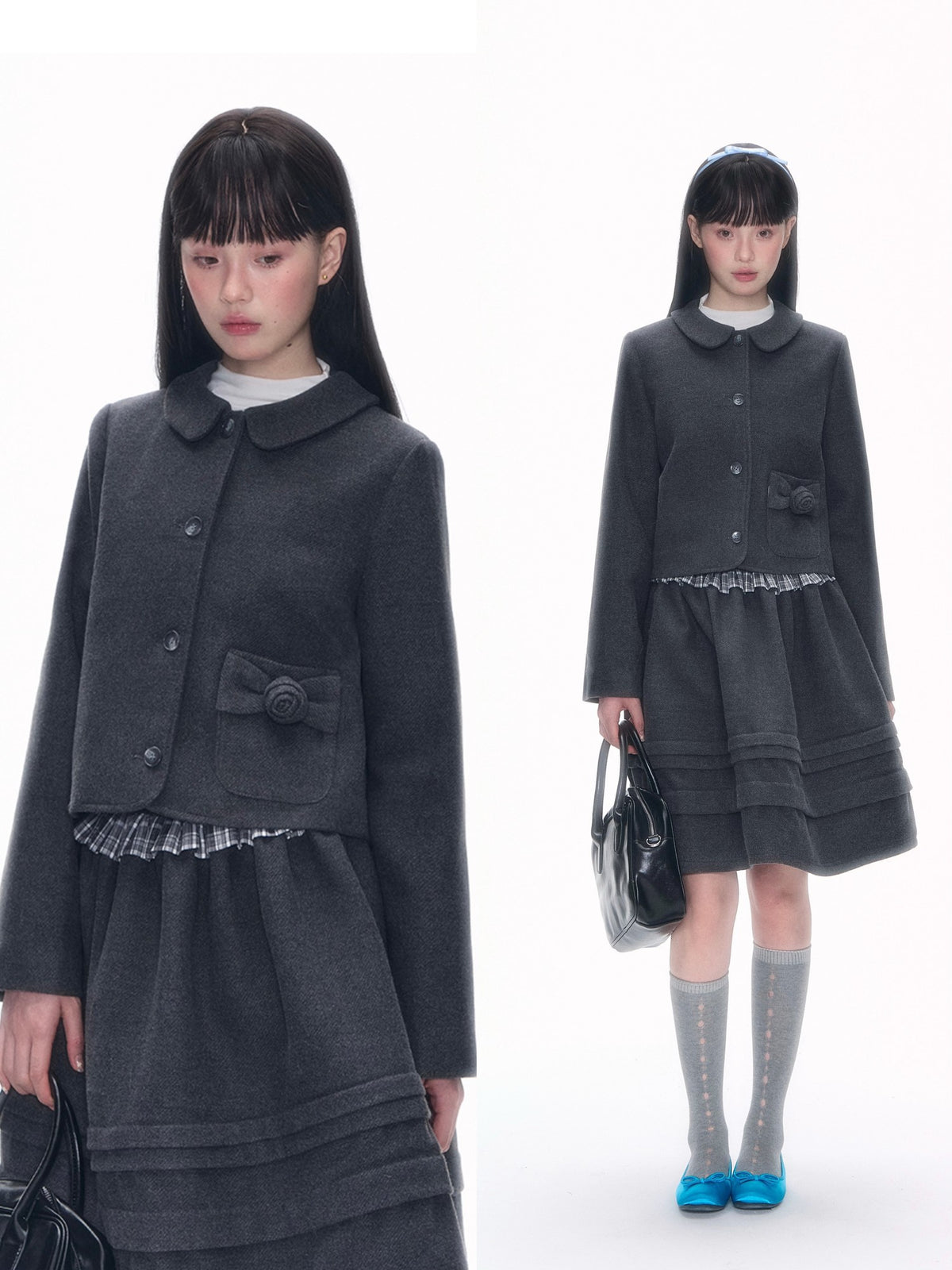 Romance Nanci Rose Floral Puff Preppy Lapel Button Women's Tweed Matching Skirt Sets