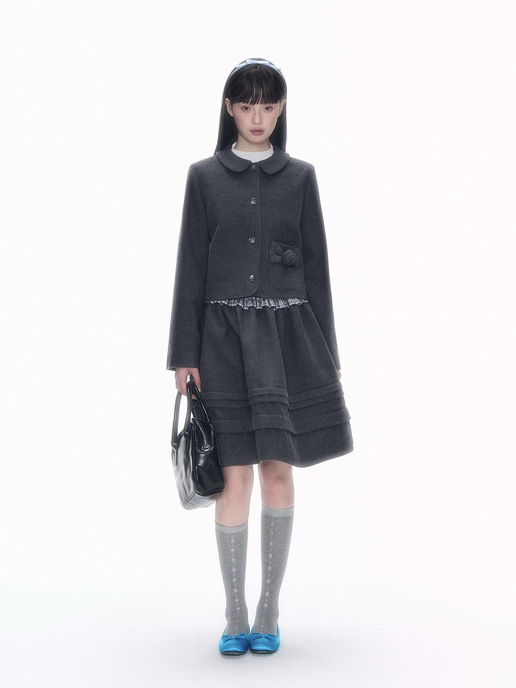 Romance Nanci Rose Floral Puff Preppy Lapel Button Women's Tweed Matching Skirt Sets