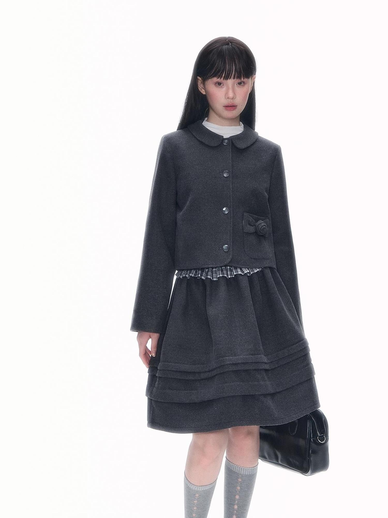 Romance Nanci Rose Floral Puff Preppy Lapel Button Women's Tweed Matching Skirt Sets