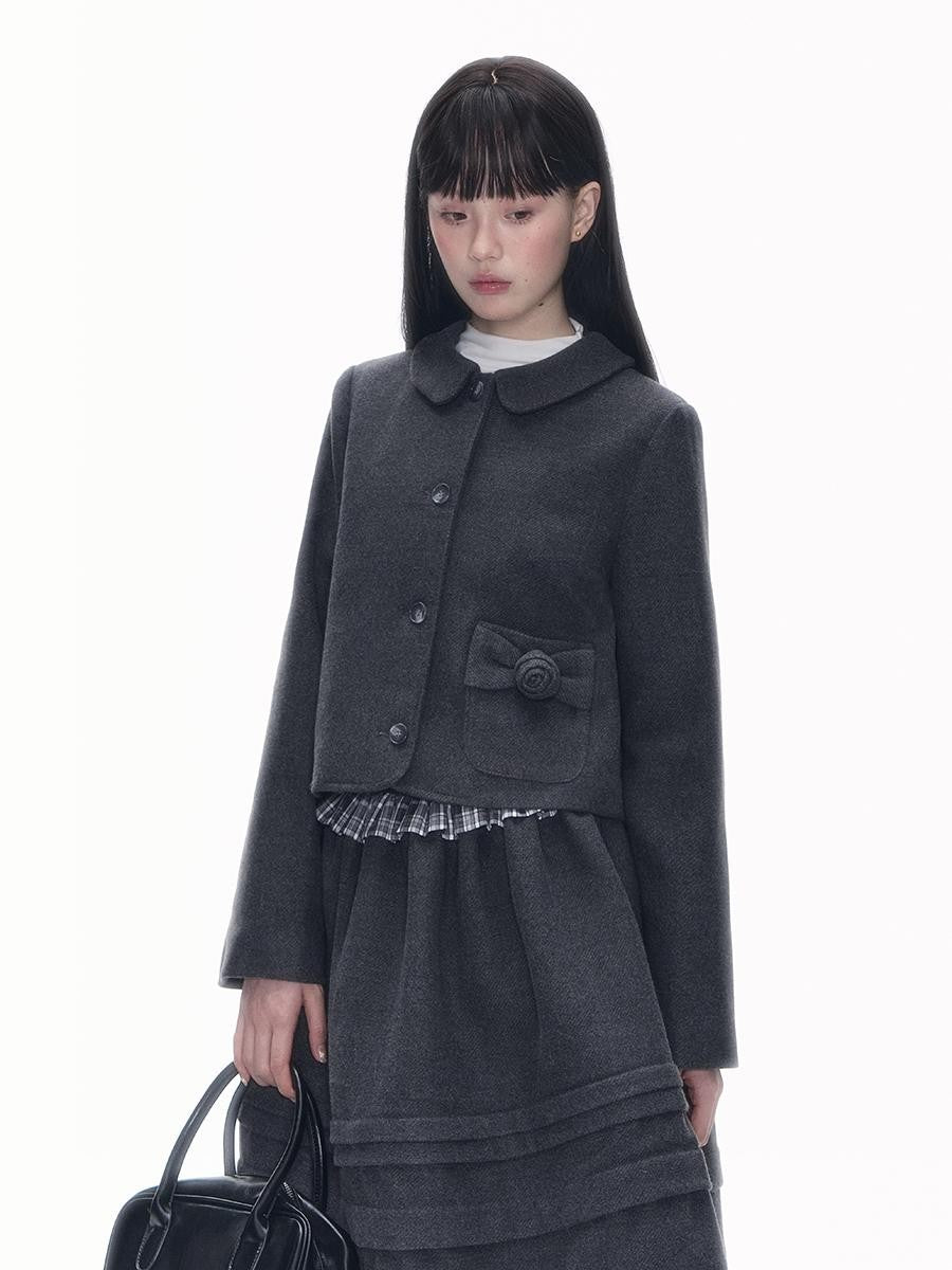 Romance Nanci Rose Floral Puff Preppy Lapel Button Women's Tweed Matching Skirt Sets