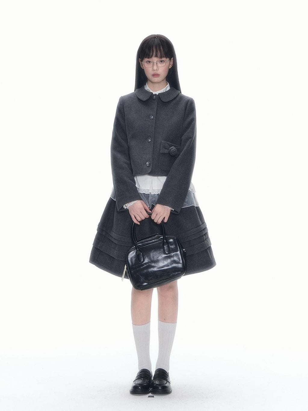Romance Nanci Rose Floral Puff Preppy Lapel Button Women's Tweed Matching Skirt Sets