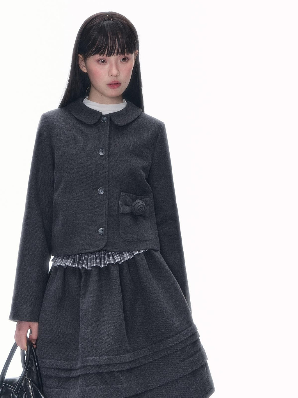 Romance Nanci Rose Floral Puff Preppy Lapel Button Women's Tweed Matching Skirt Sets