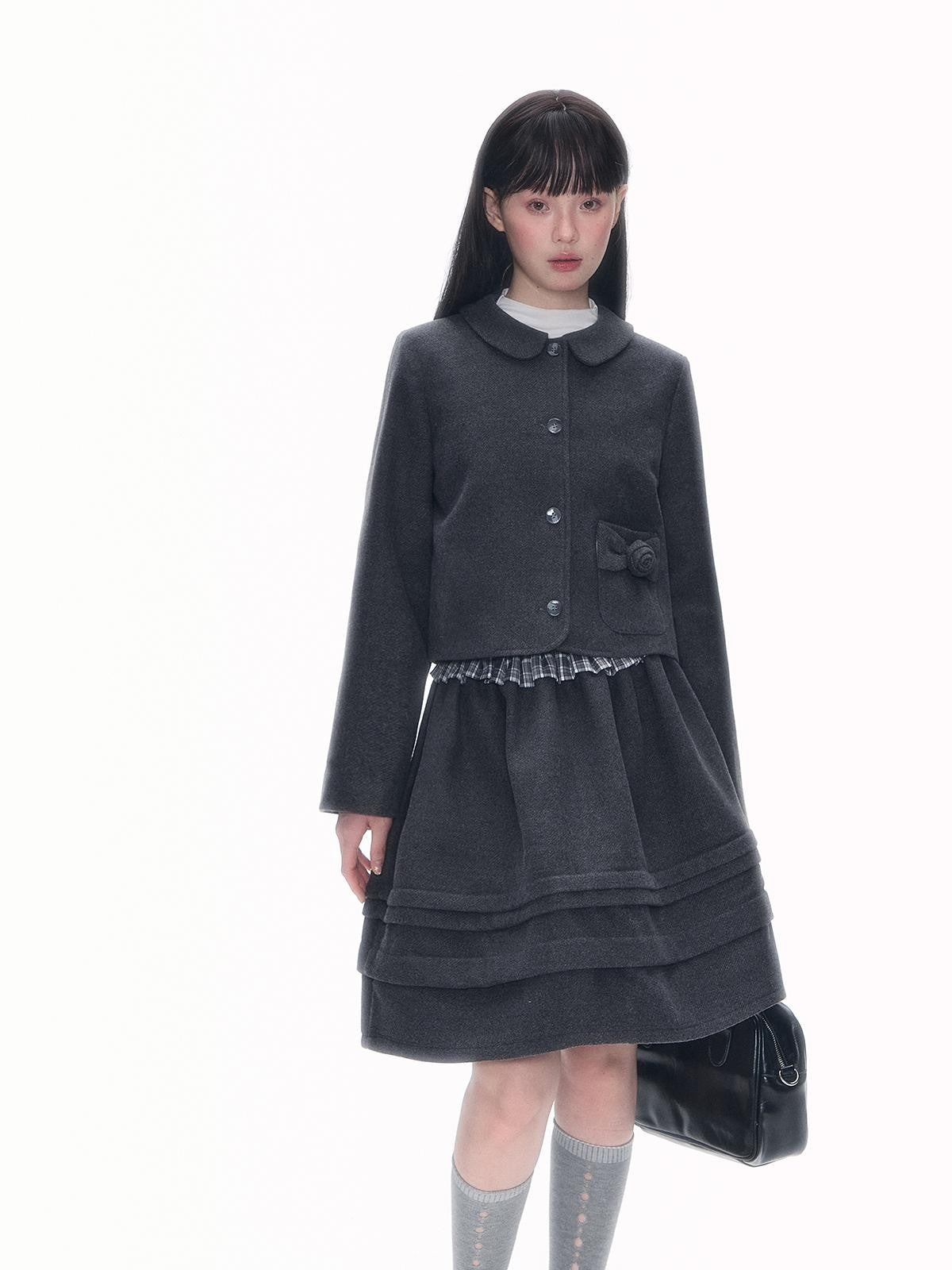 Romance Nanci Rose Floral Puff Preppy Lapel Button Women's Tweed Matching Skirt Sets