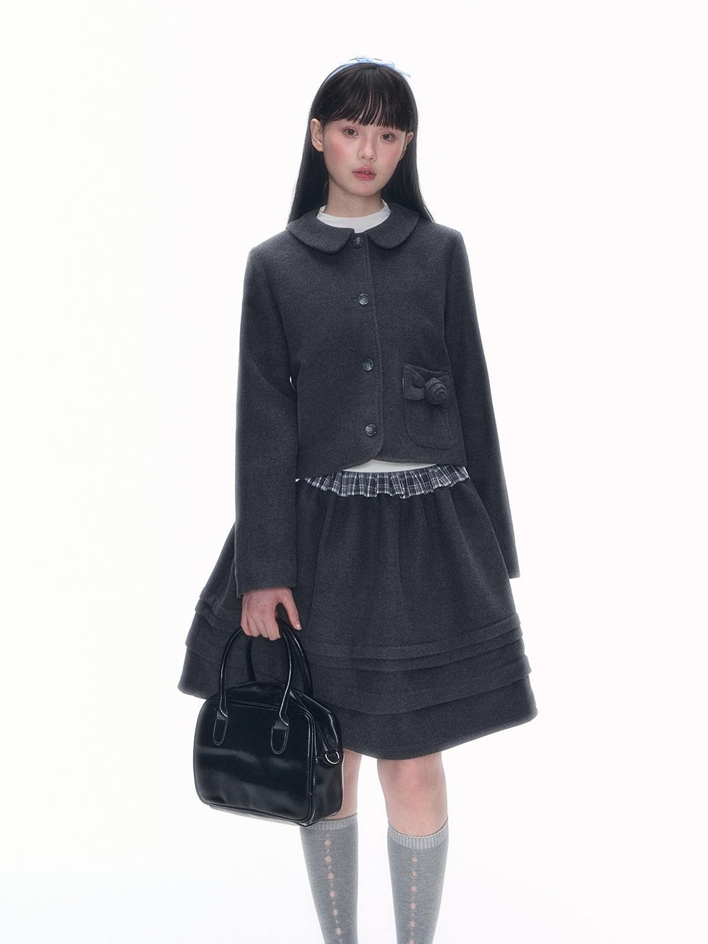 Romance Nanci Rose Floral Puff Preppy Lapel Button Women's Tweed Matching Skirt Sets