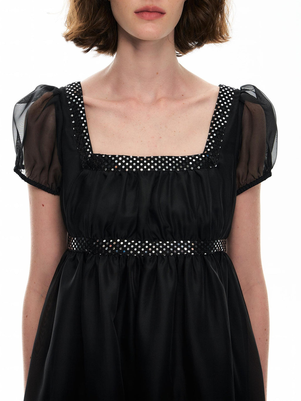 Romance Nanci Sequin Puff Sleeve High Waist A Line Women's Tulle Babydoll Mini Dresses