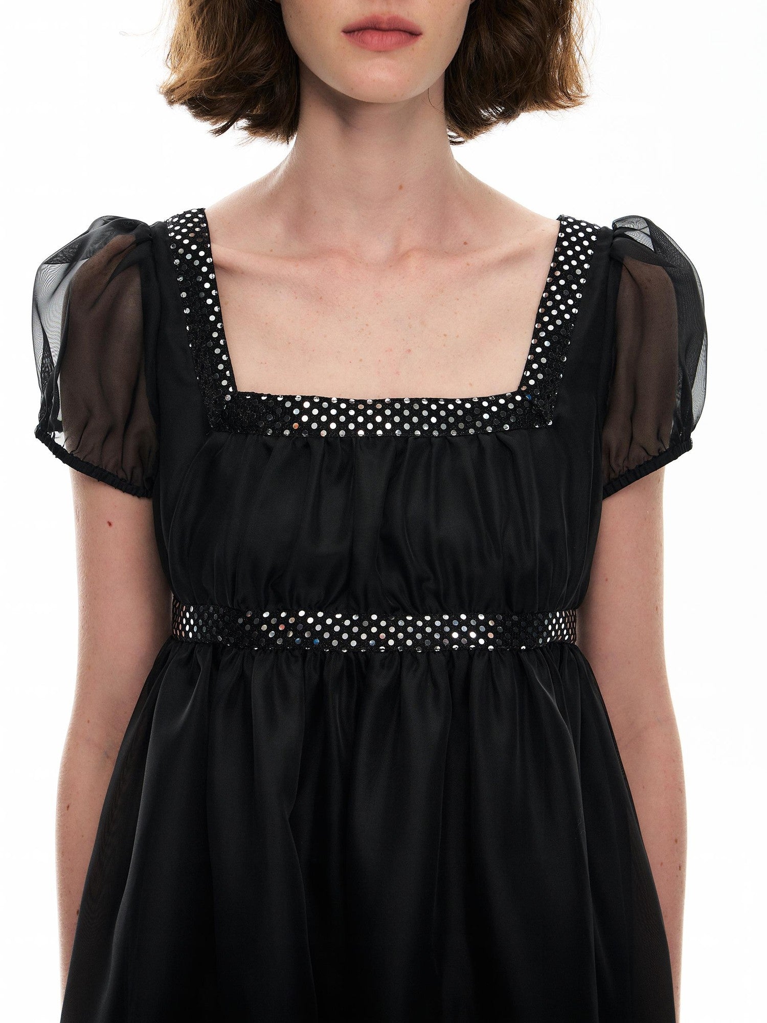 Romance Nanci Sequin Puff Sleeve High Waist A Line Women's Tulle Babydoll Mini Dresses