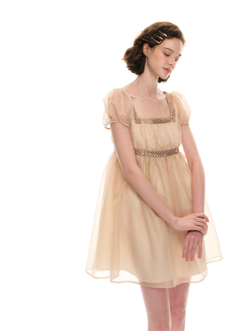 Romance Nanci Sequin Puff Sleeve High Waist A Line Women's Tulle Babydoll Mini Dresses