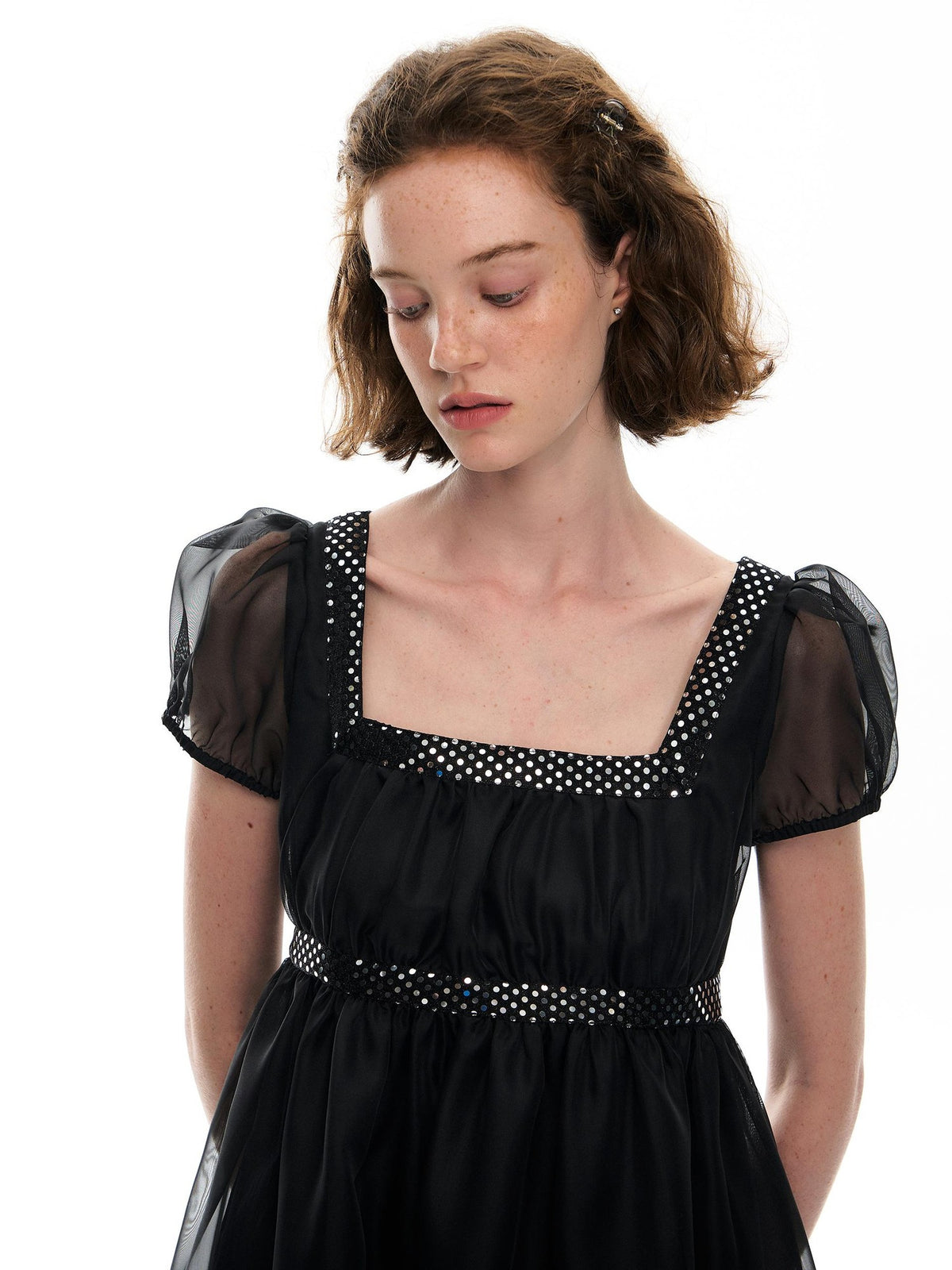 Romance Nanci Sequin Puff Sleeve High Waist A Line Women's Tulle Babydoll Mini Dresses