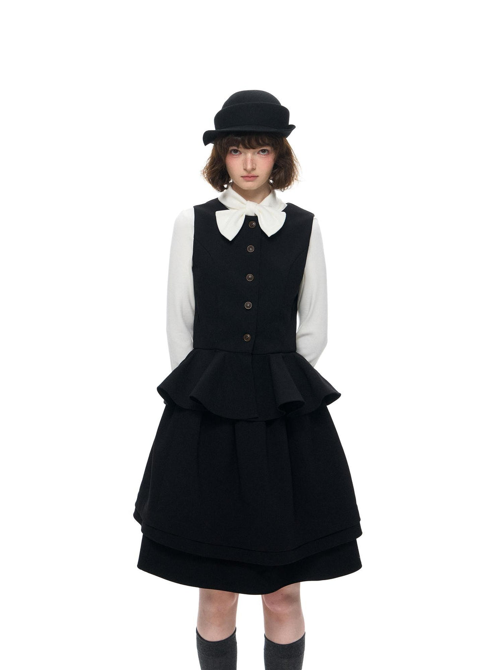 Romance Nanci Vintage British Waist Cinching Puff Slimming Women's Black Matching Skirt Sets