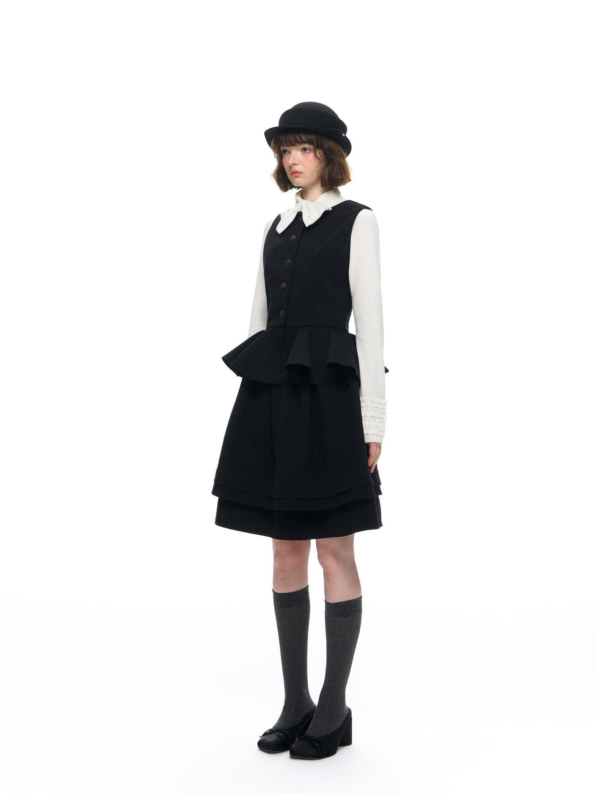 Romance Nanci Vintage British Waist Cinching Puff Slimming Women's Black Matching Skirt Sets