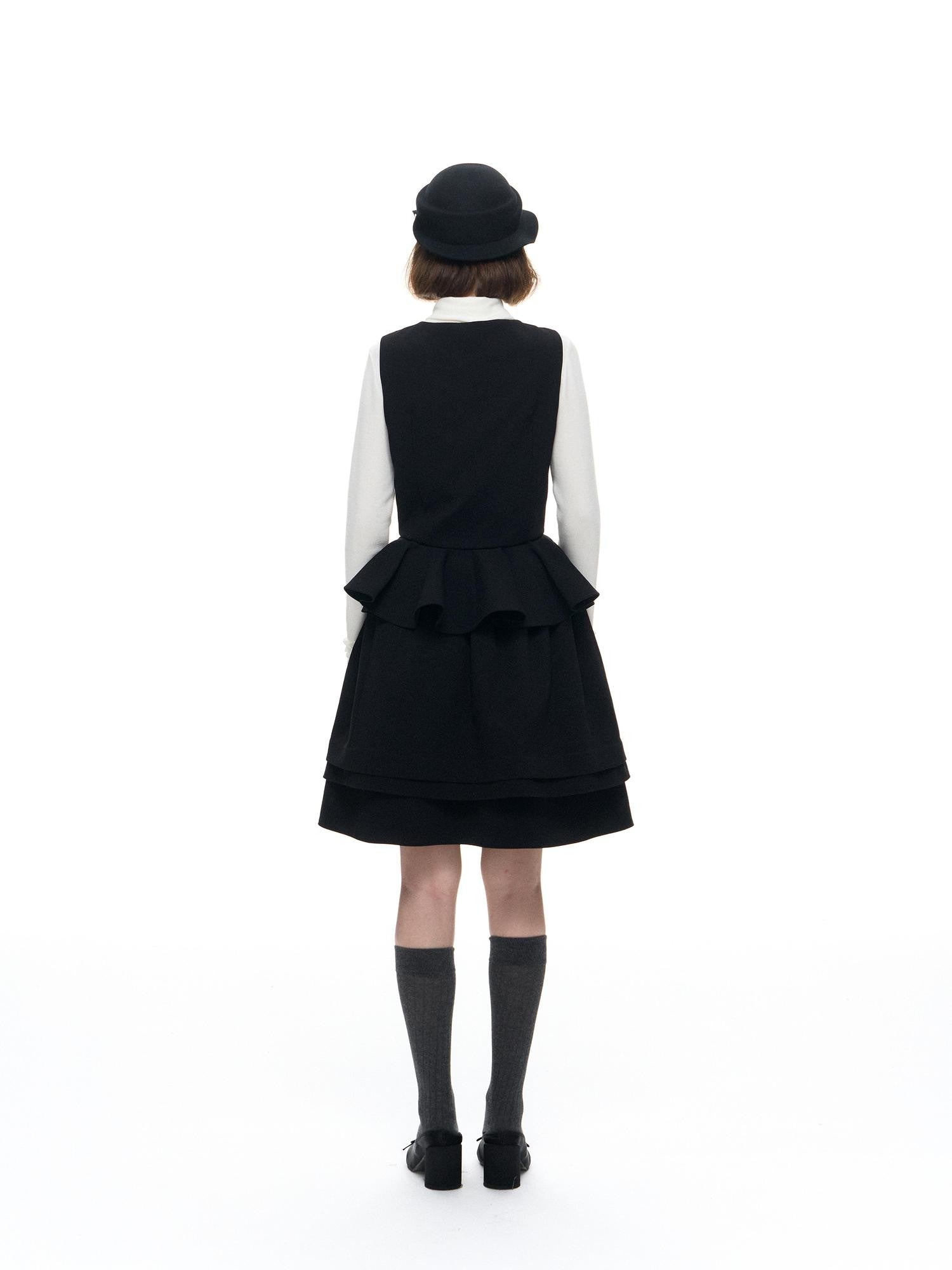 Romance Nanci Vintage British Waist Cinching Puff Slimming Women's Black Matching Skirt Sets