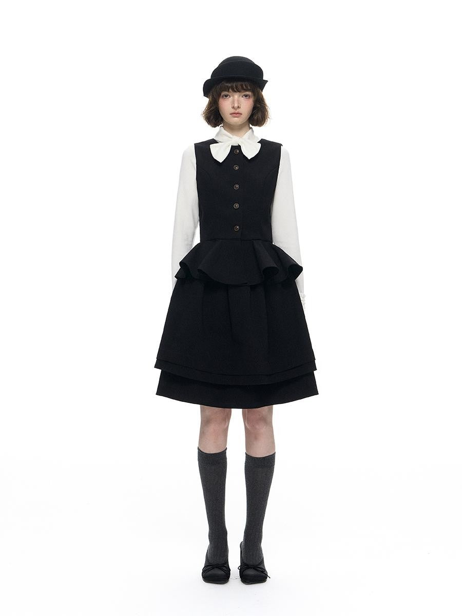 Romance Nanci Vintage British Waist Cinching Puff Slimming Women's Black Matching Skirt Sets