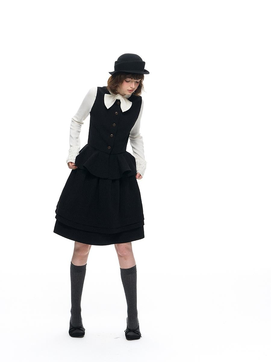Romance Nanci Vintage British Waist Cinching Puff Slimming Women's Black Matching Skirt Sets