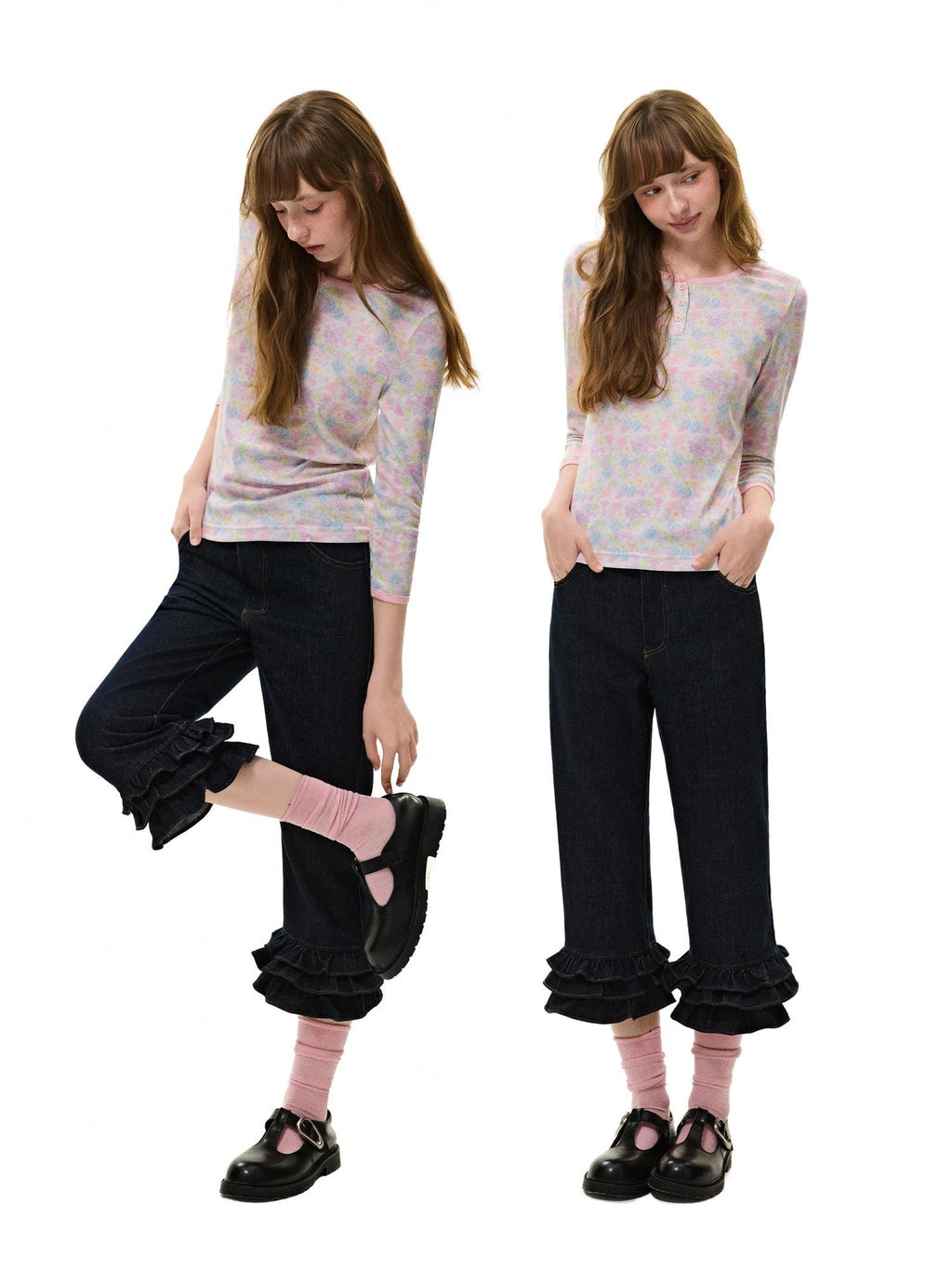 Romance Nanci Vintage Low Rise Ruffle Trim Straight Women's Cotton Cropped Jeans
