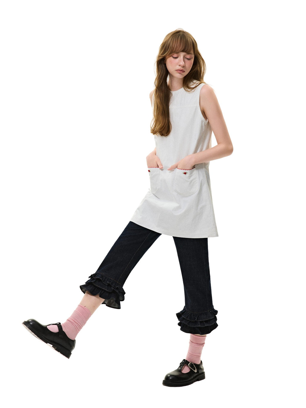 Romance Nanci Vintage Low Rise Ruffle Trim Straight Women's Cotton Cropped Jeans