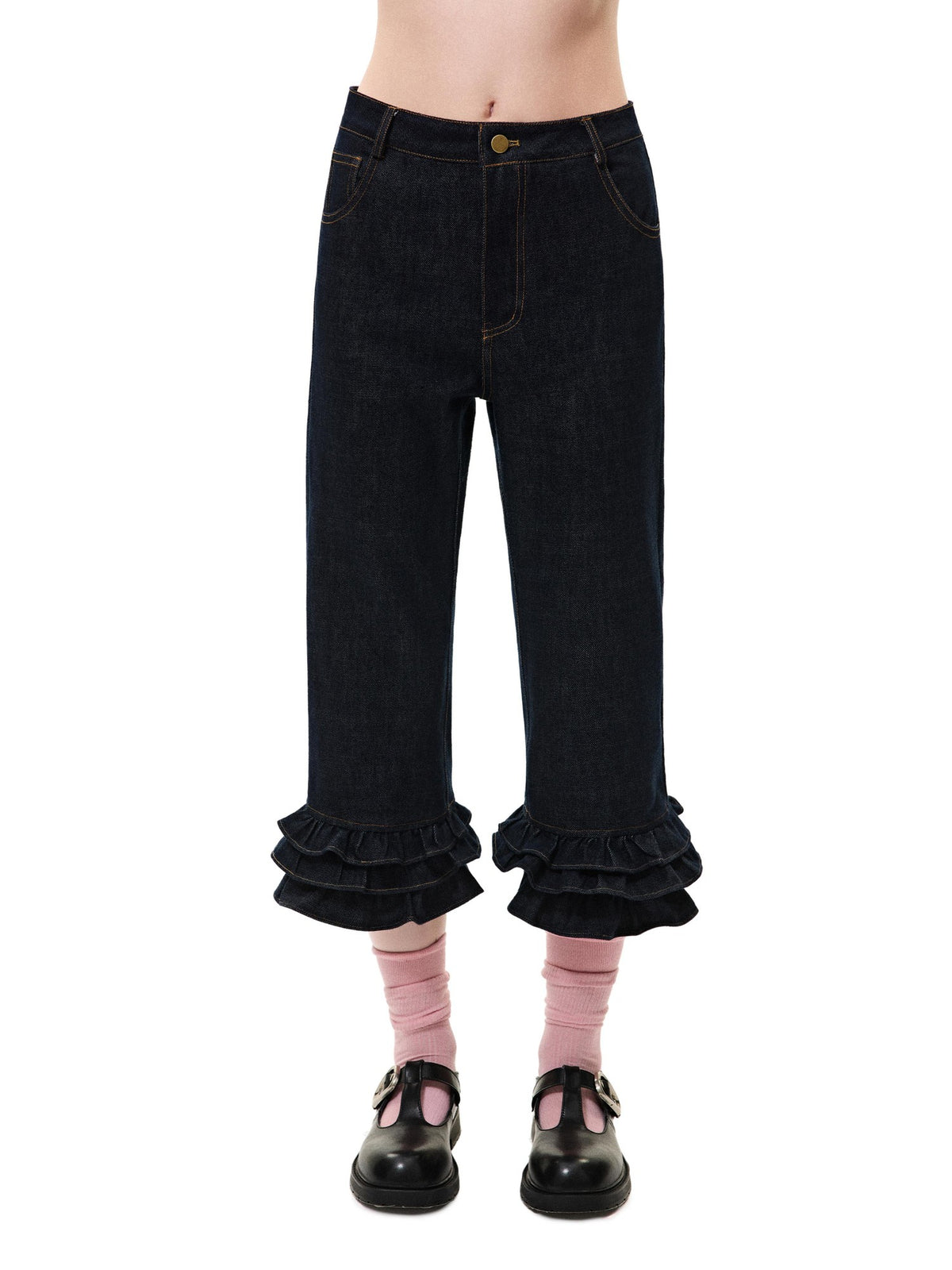 Romance Nanci Vintage Low Rise Ruffle Trim Straight Women's Cotton Cropped Jeans