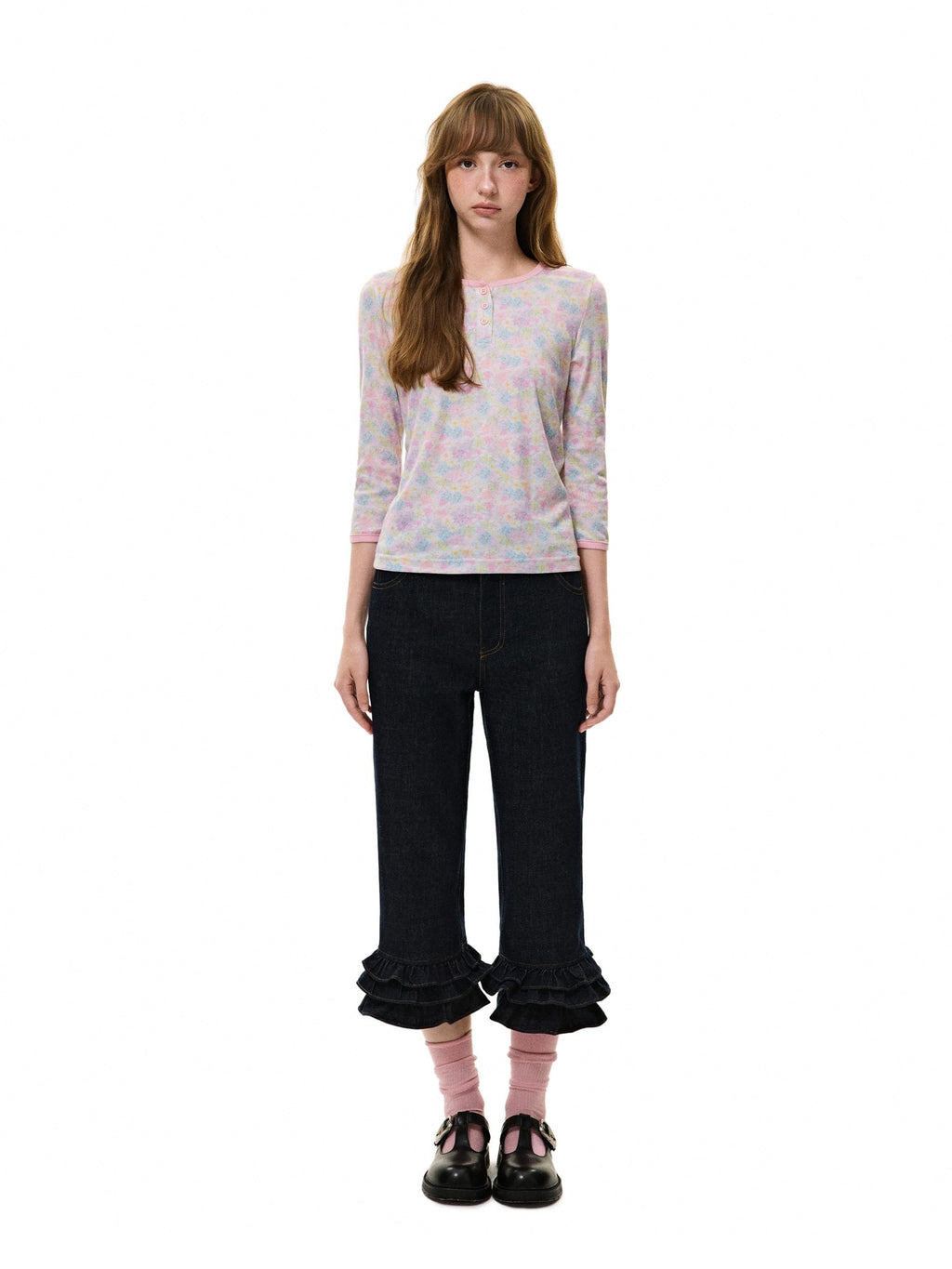 Romance Nanci Vintage Low Rise Ruffle Trim Straight Women's Cotton Cropped Jeans