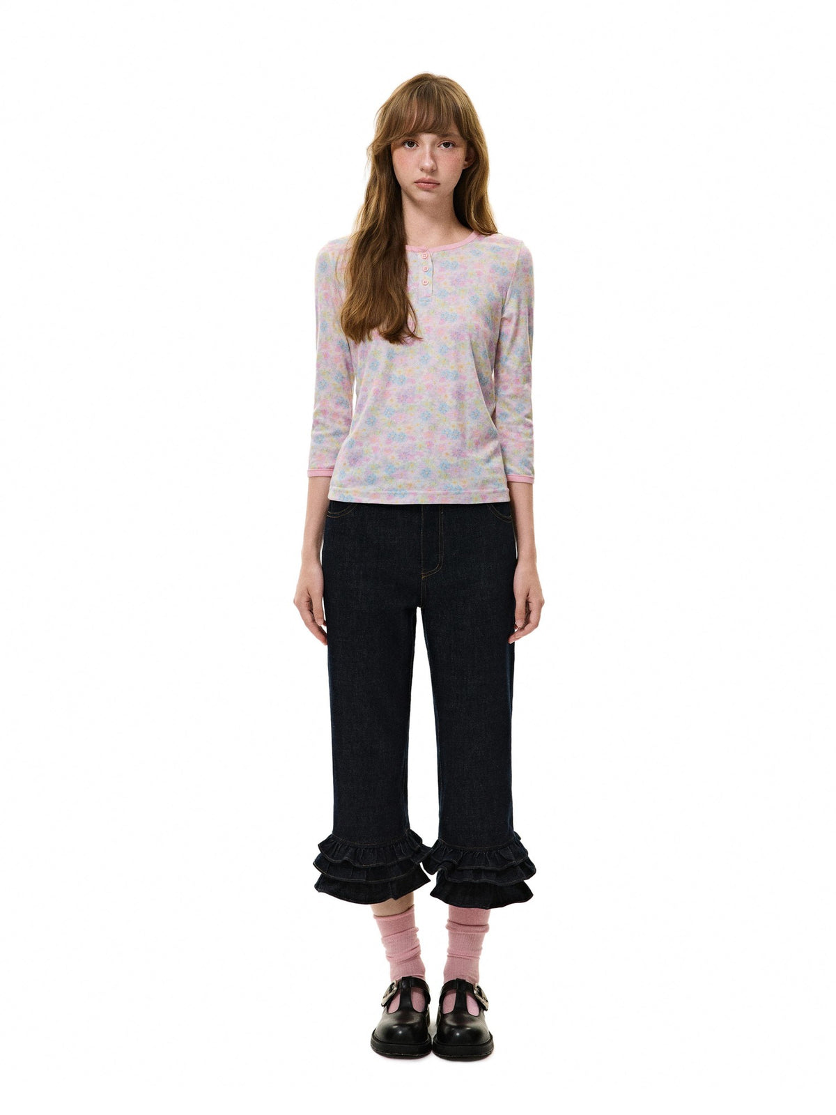 Romance Nanci Vintage Low Rise Ruffle Trim Straight Women's Cotton Cropped Jeans