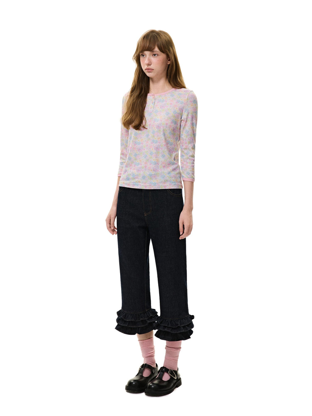 Romance Nanci Vintage Low Rise Ruffle Trim Straight Women's Cotton Cropped Jeans