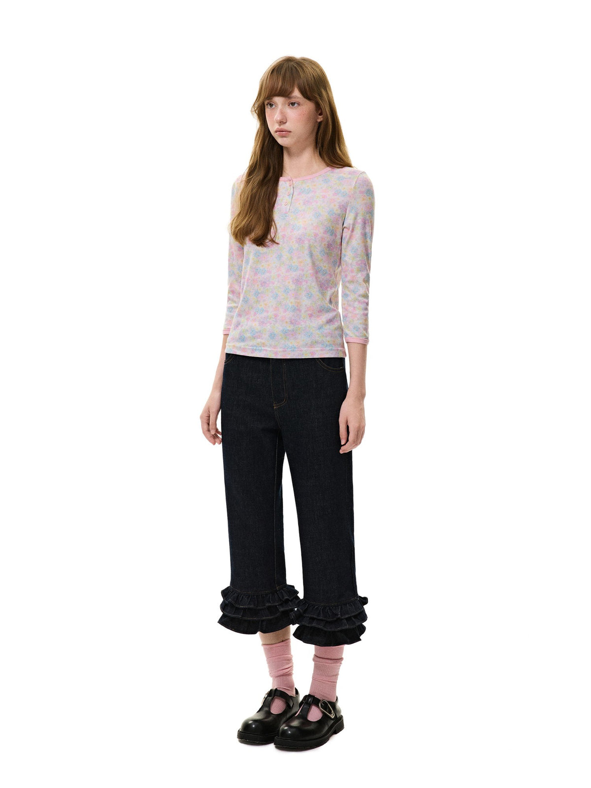 Romance Nanci Vintage Low Rise Ruffle Trim Straight Women's Cotton Cropped Jeans