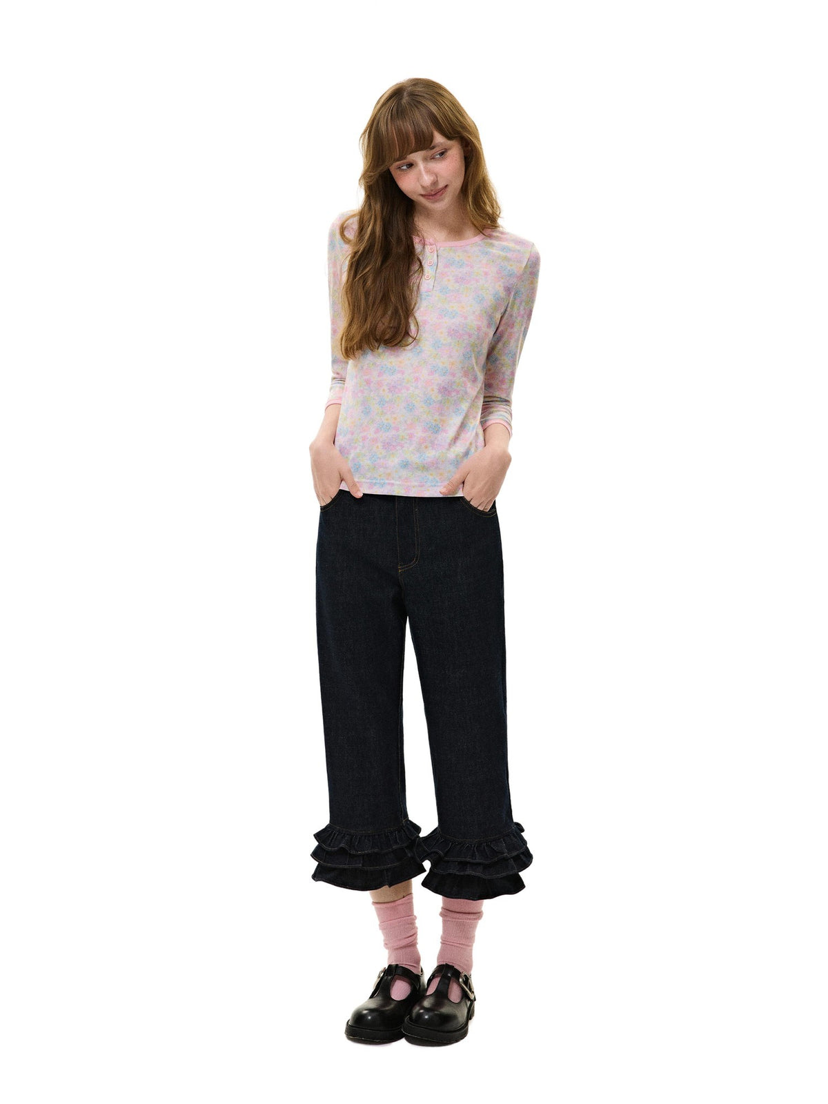 Romance Nanci Vintage Low Rise Ruffle Trim Straight Women's Cotton Cropped Jeans