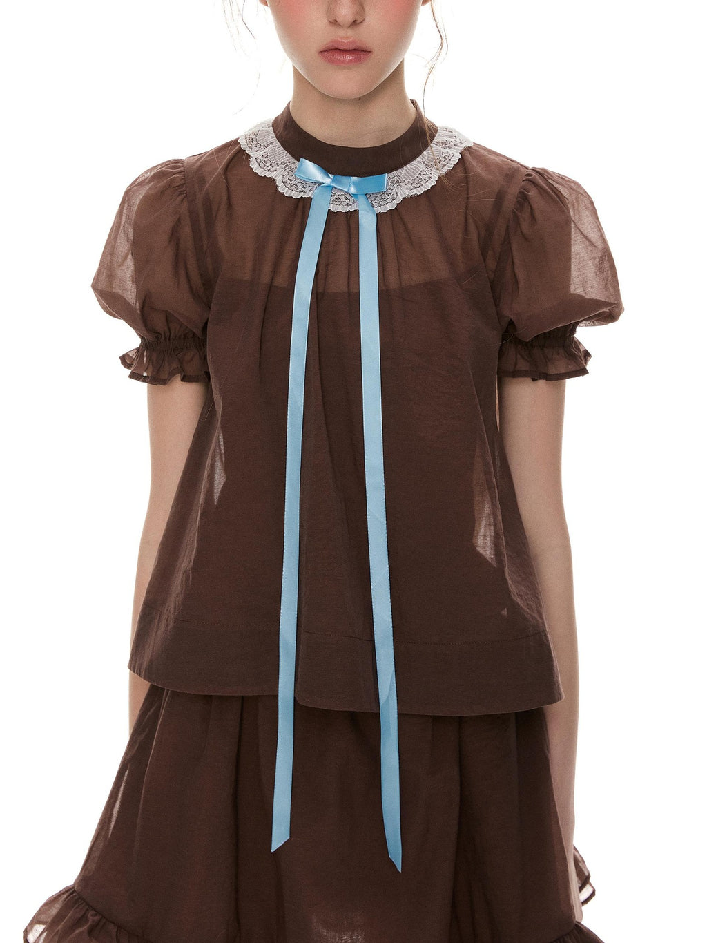 Romance Nanci Vintage Puff Sleeve Sheer Stand Collar Women's Tulle Lace Blouses