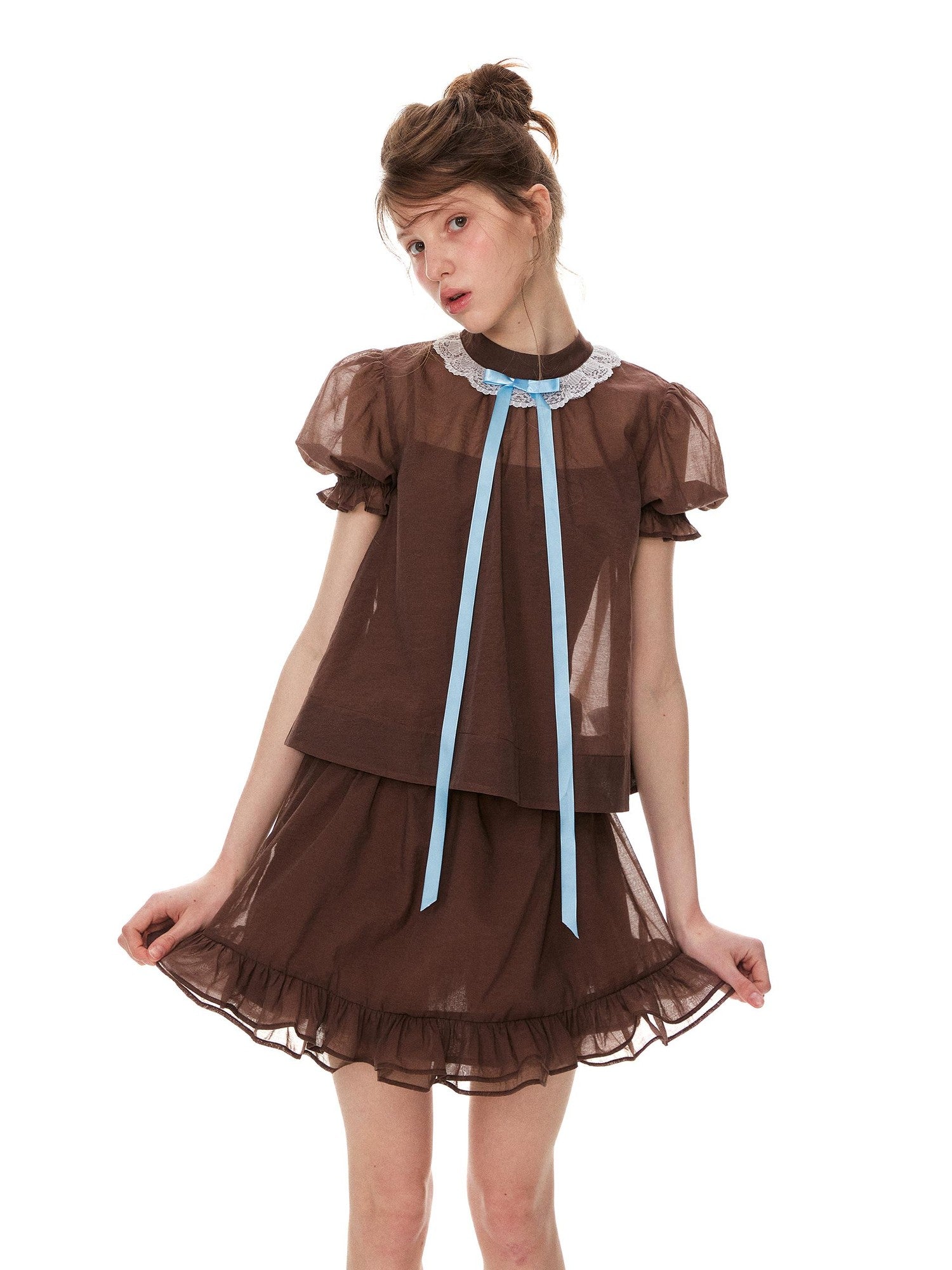 Romance Nanci Vintage Puff Sleeve Sheer Stand Collar Women's Tulle Lace Blouses