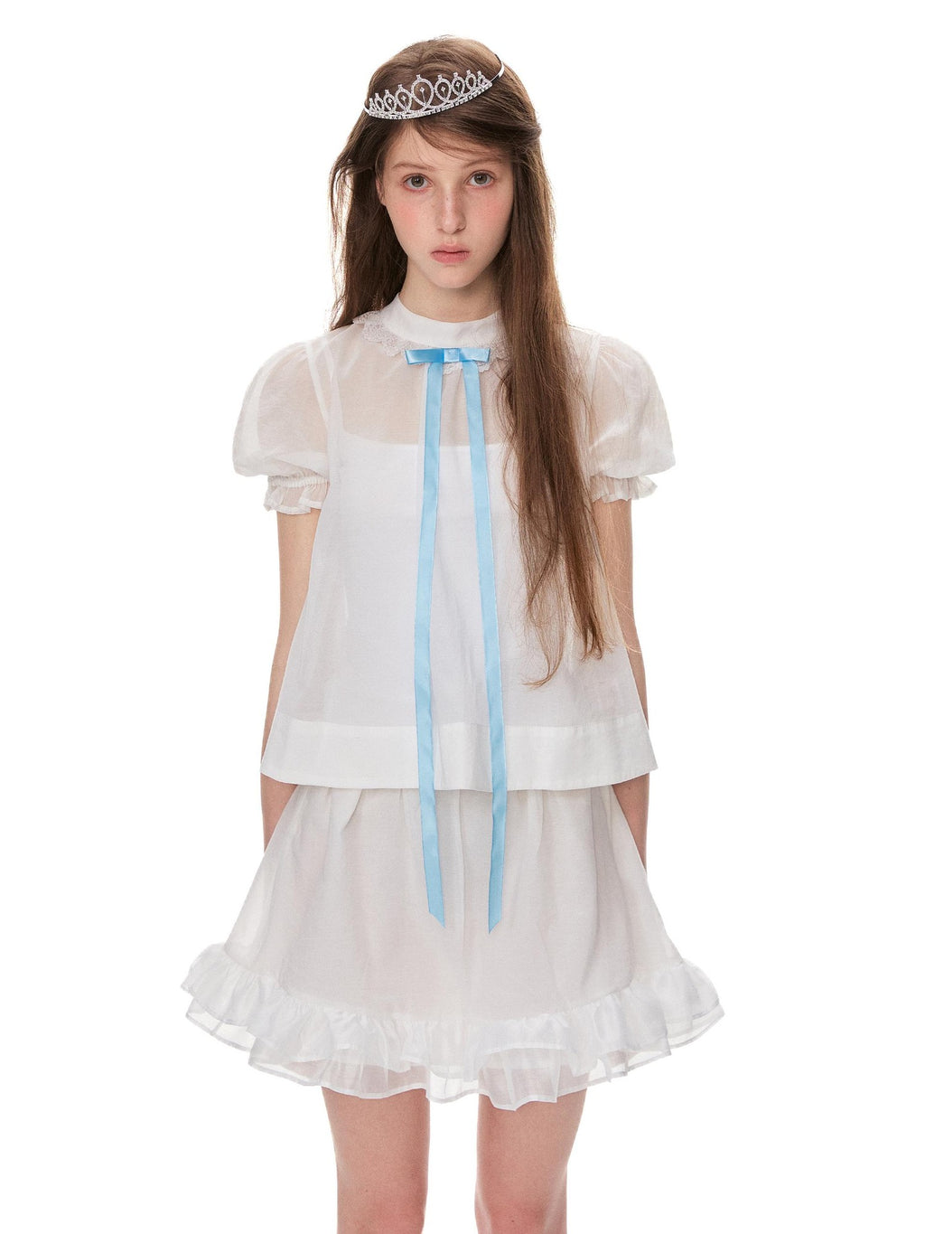Romance Nanci Vintage Puff Sleeve Sheer Stand Collar Women's Tulle Lace Blouses