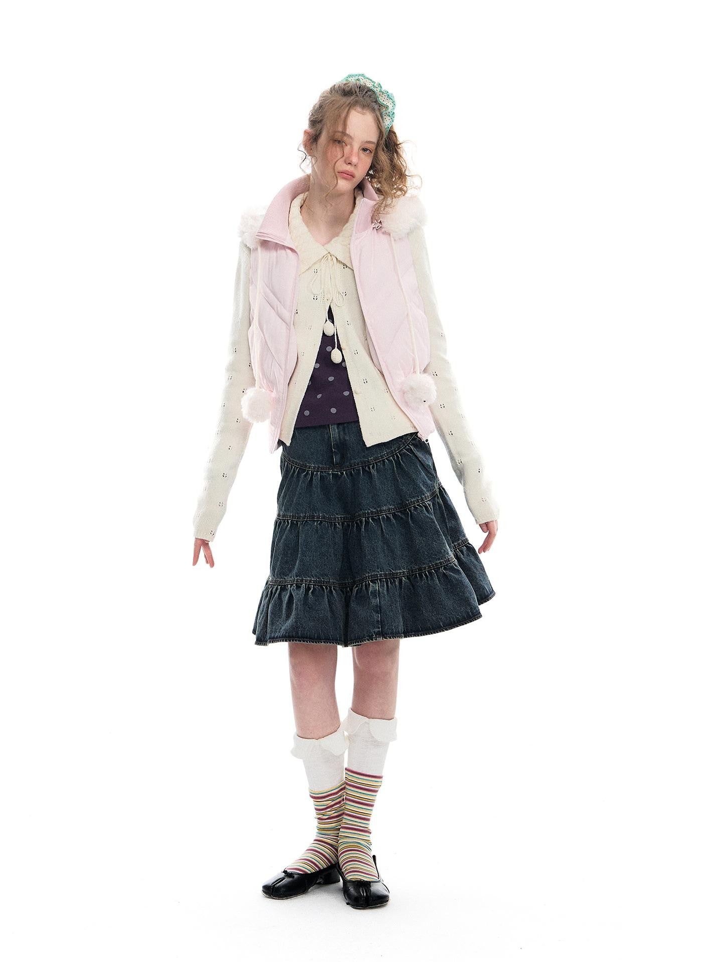 Romance Nanci Washed Distressed Pleated Vintage A Line Women's Denim Tiered Skirts