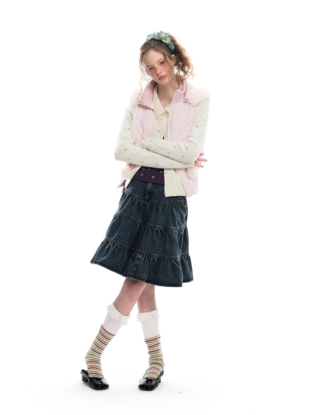 Romance Nanci Washed Distressed Pleated Vintage A Line Women's Denim Tiered Skirts