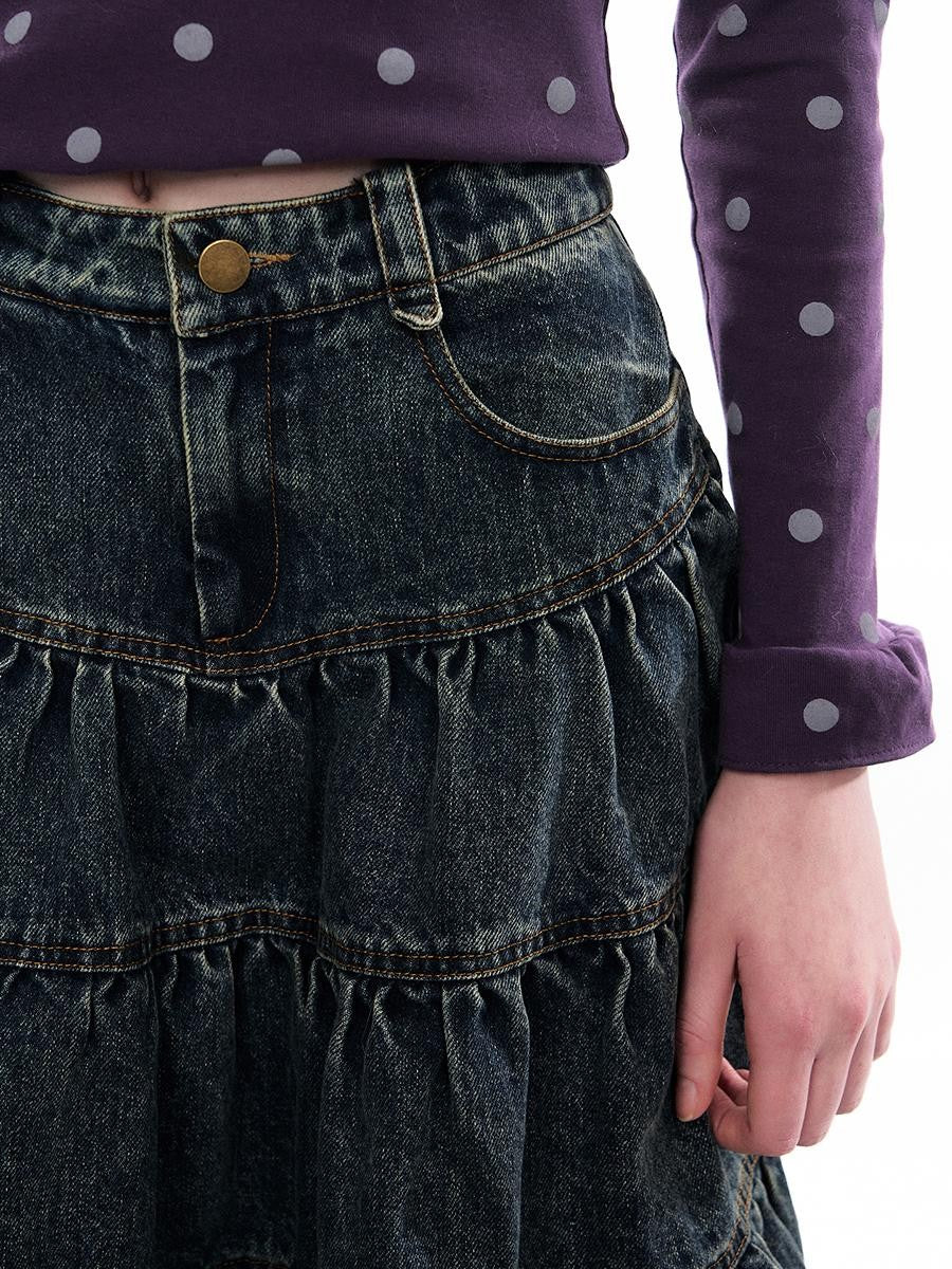 Romance Nanci Washed Distressed Pleated Vintage A Line Women's Denim Tiered Skirts