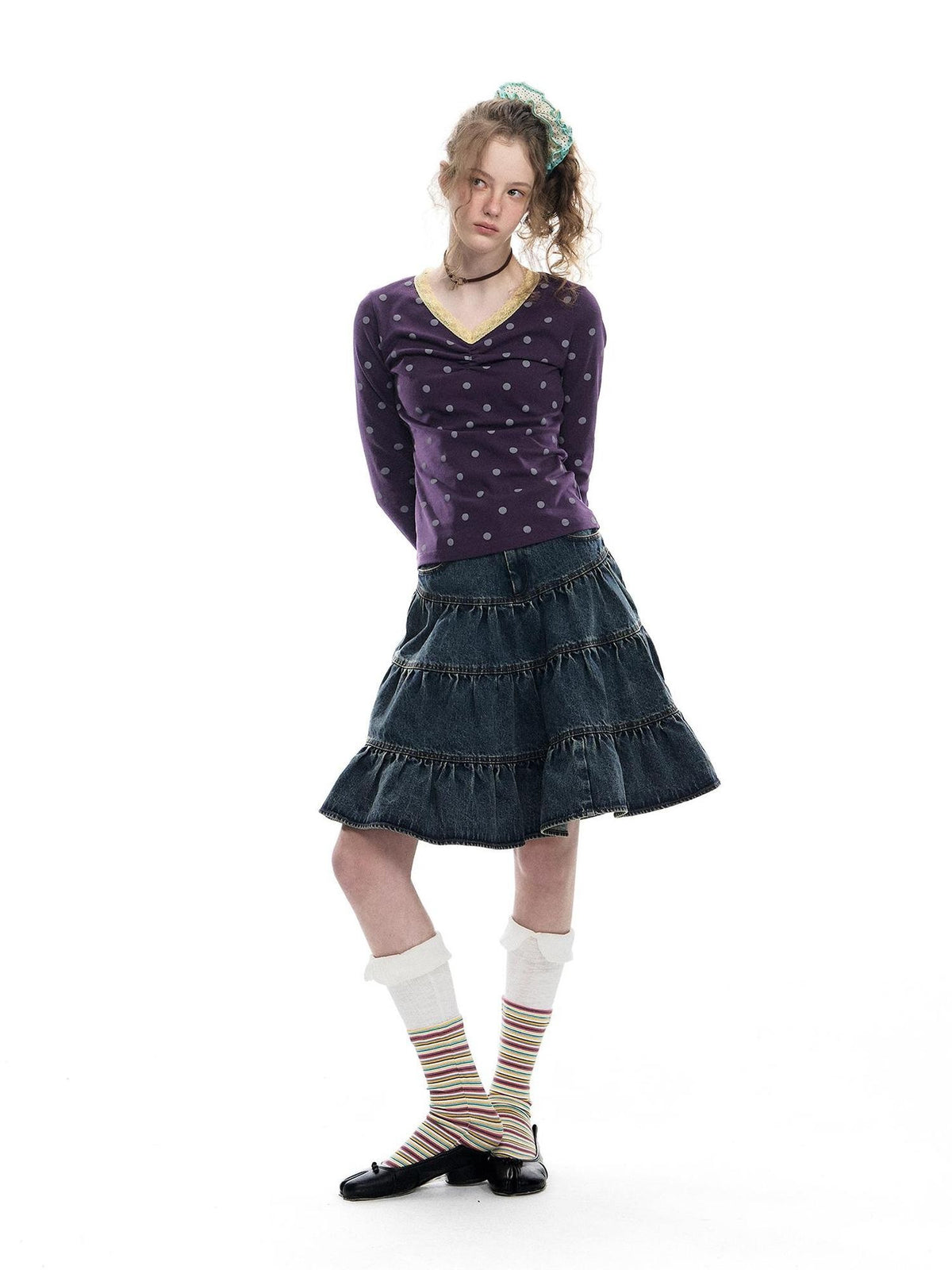 Romance Nanci Washed Distressed Pleated Vintage A Line Women's Denim Tiered Skirts