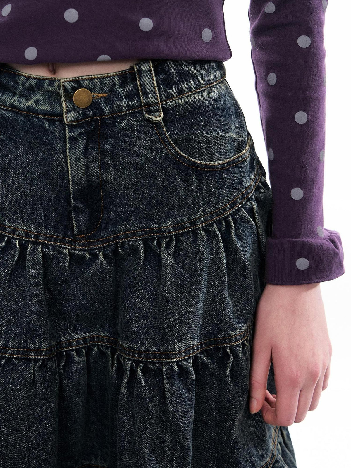 Romance Nanci Washed Distressed Pleated Vintage A Line Women's Denim Tiered Skirts