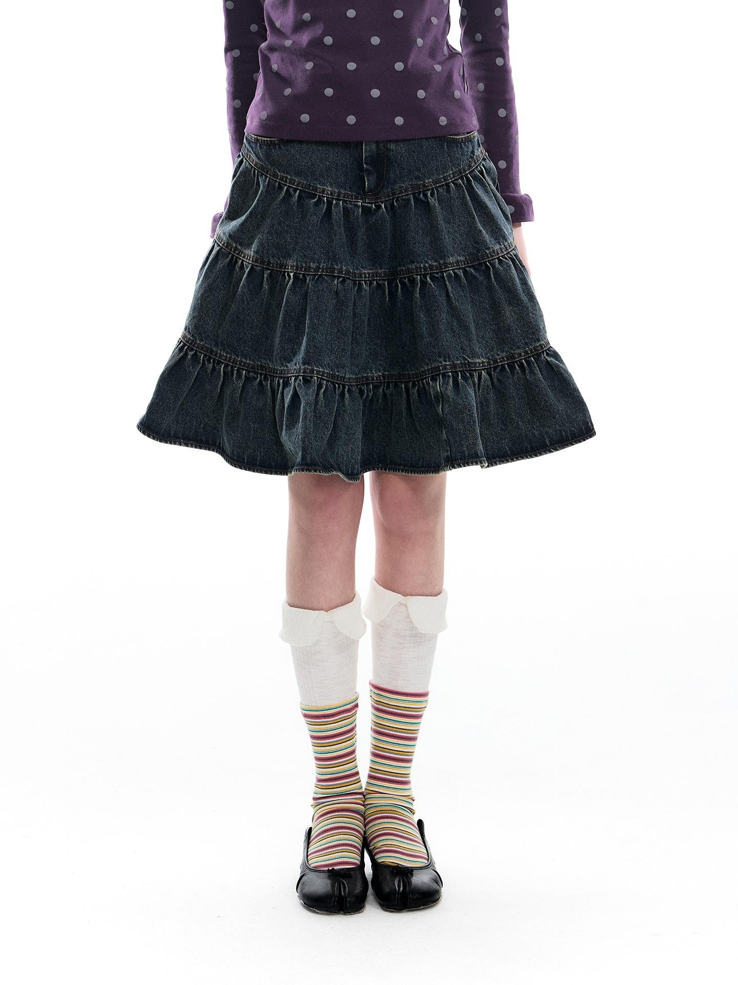 Romance Nanci Washed Distressed Pleated Vintage A Line Women's Denim Tiered Skirts