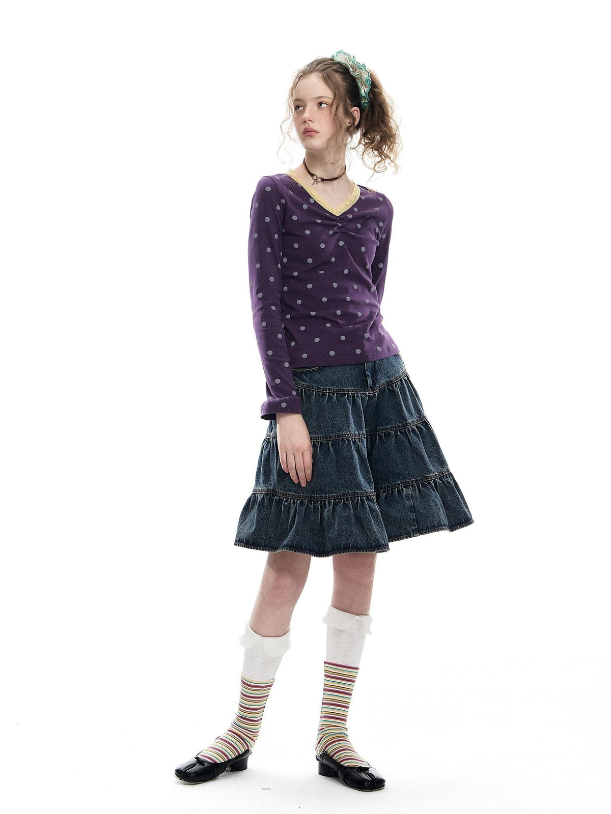 Romance Nanci Washed Distressed Pleated Vintage A Line Women's Denim Tiered Skirts