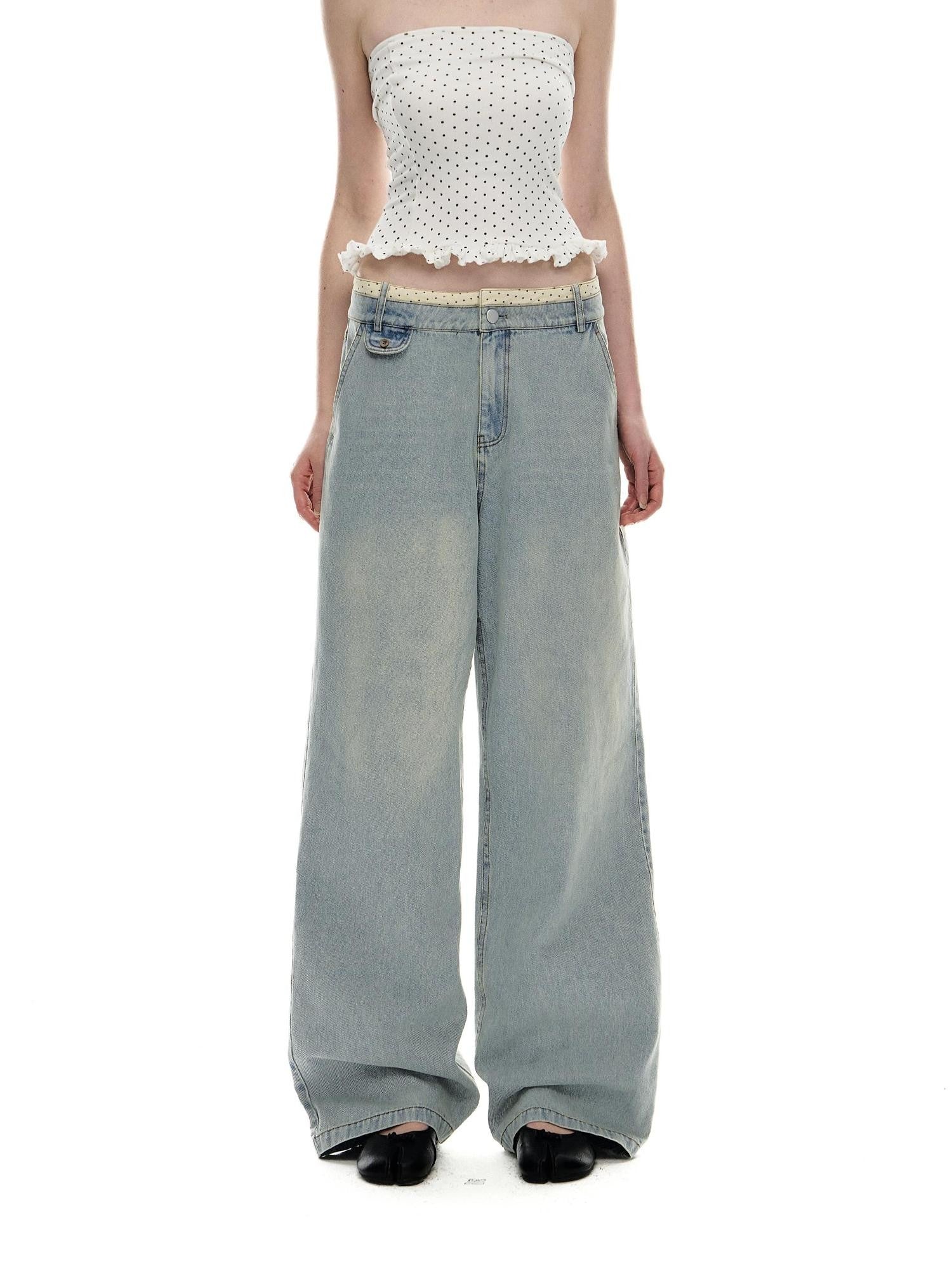 Romance Nanci Washed Light Blue Contrast Waistband Low Rise Loose Women's Straight-leg Jeans