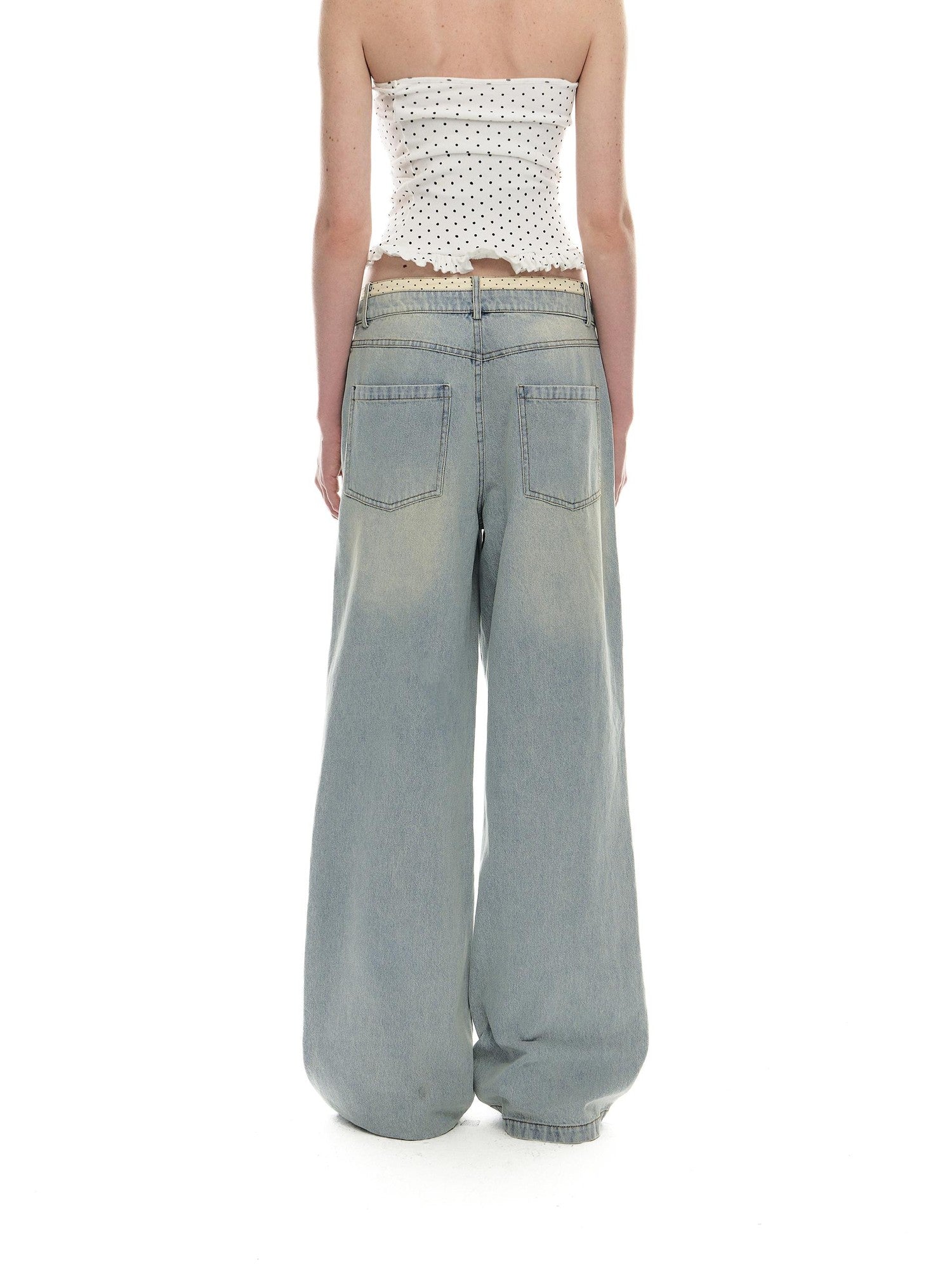 Romance Nanci Washed Light Blue Contrast Waistband Low Rise Loose Women's Straight-leg Jeans