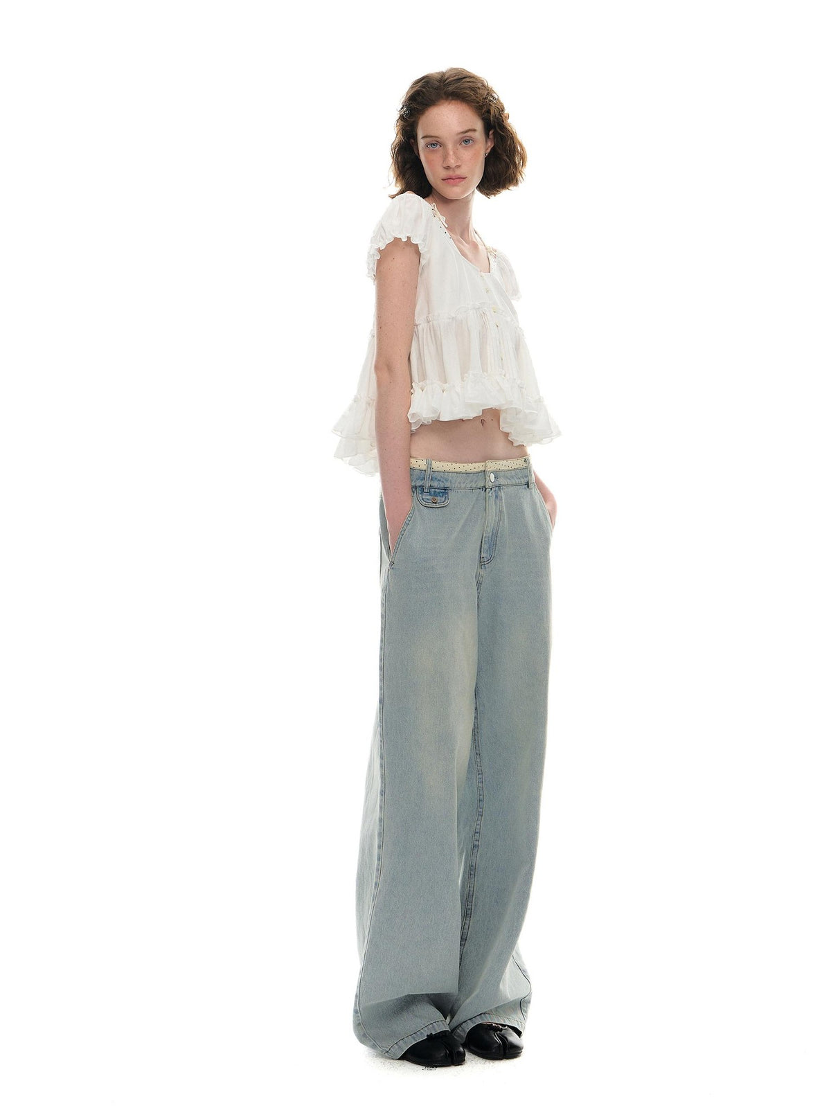 Romance Nanci Washed Light Blue Contrast Waistband Low Rise Loose Women's Straight-leg Jeans