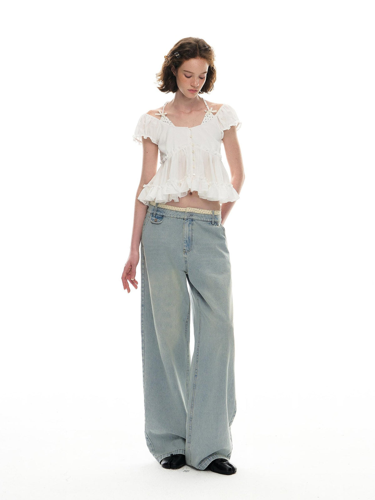 Romance Nanci Washed Light Blue Contrast Waistband Low Rise Loose Women's Straight-leg Jeans